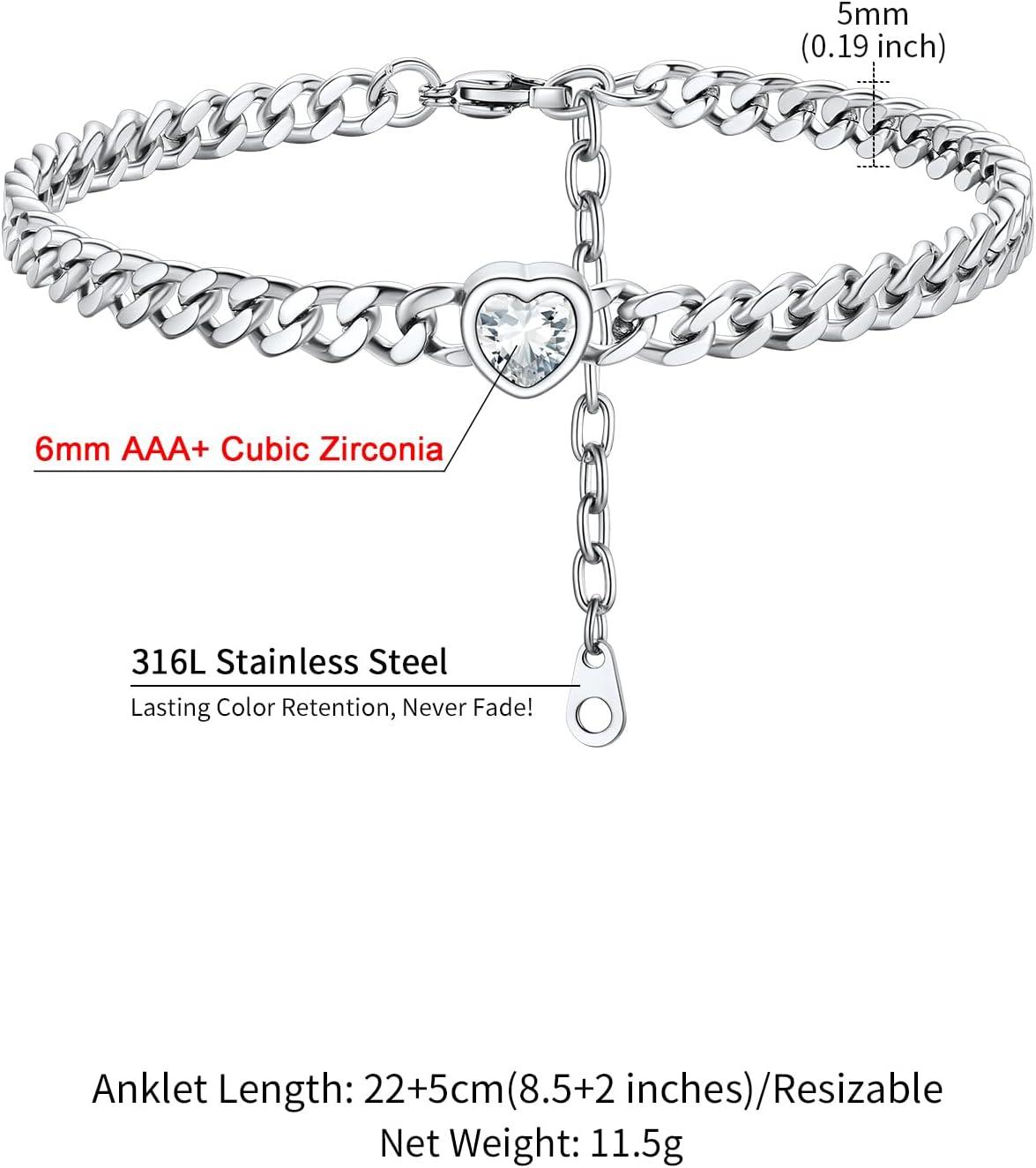 imageChainsHouse Cuban Chain Anklets for WomenStainless Steel Black 6mm Link Chain Ankle Bracelet with Heart Birthstone Jan Dec 12 Months 22cm27cm Adjustable with Gift Box04 AprClear CrystalSteel