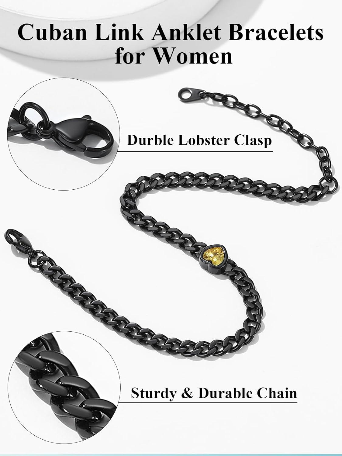 imageChainsHouse Cuban Chain Anklets for WomenStainless Steel Black 6mm Link Chain Ankle Bracelet with Heart Birthstone Jan Dec 12 Months 22cm27cm Adjustable with Gift Box05 MayEmeraldBlack
