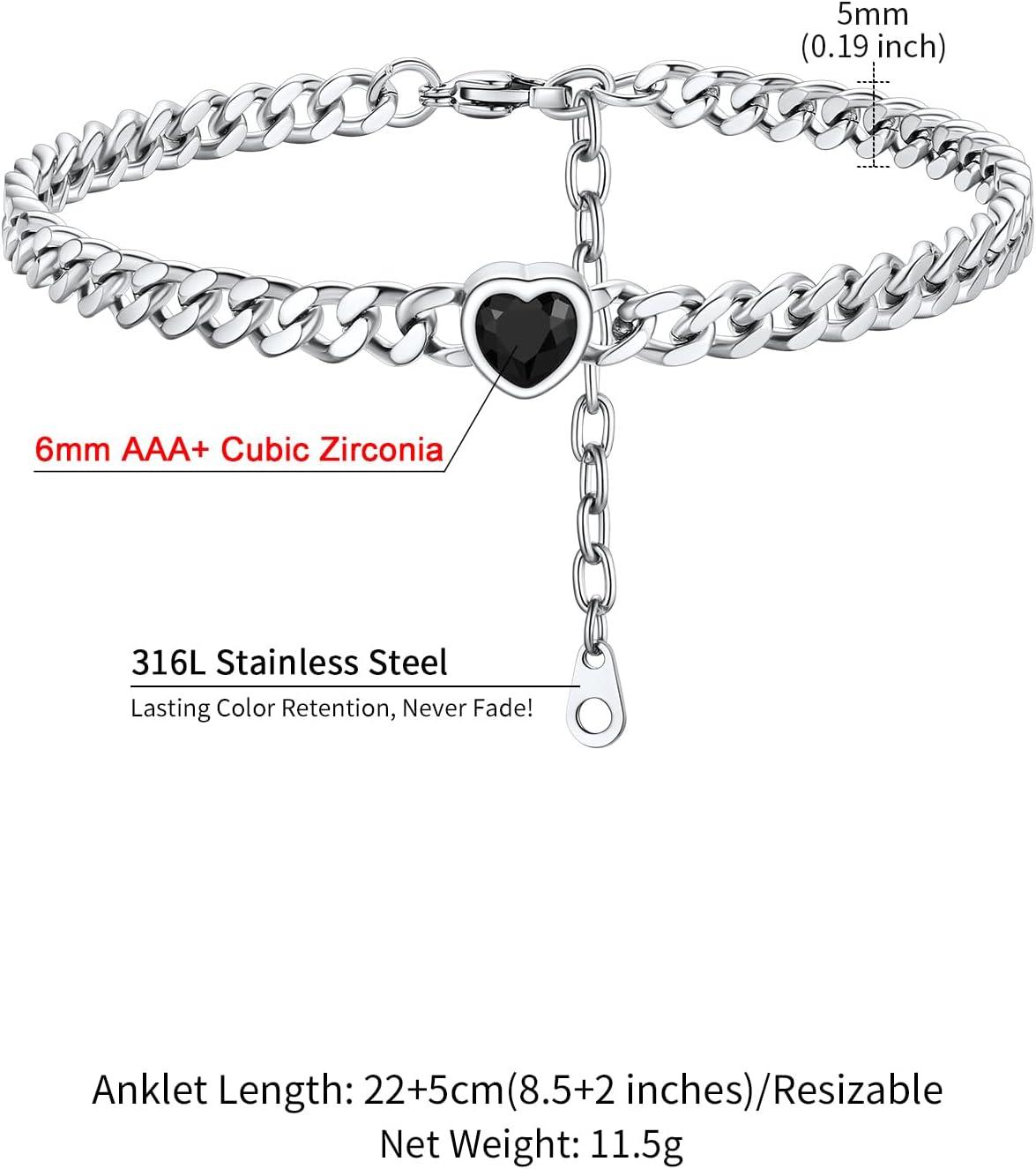 imageChainsHouse Cuban Chain Anklets for WomenStainless Steel Black 6mm Link Chain Ankle Bracelet with Heart Birthstone Jan Dec 12 Months 22cm27cm Adjustable with Gift Box13 Black StoneSteel