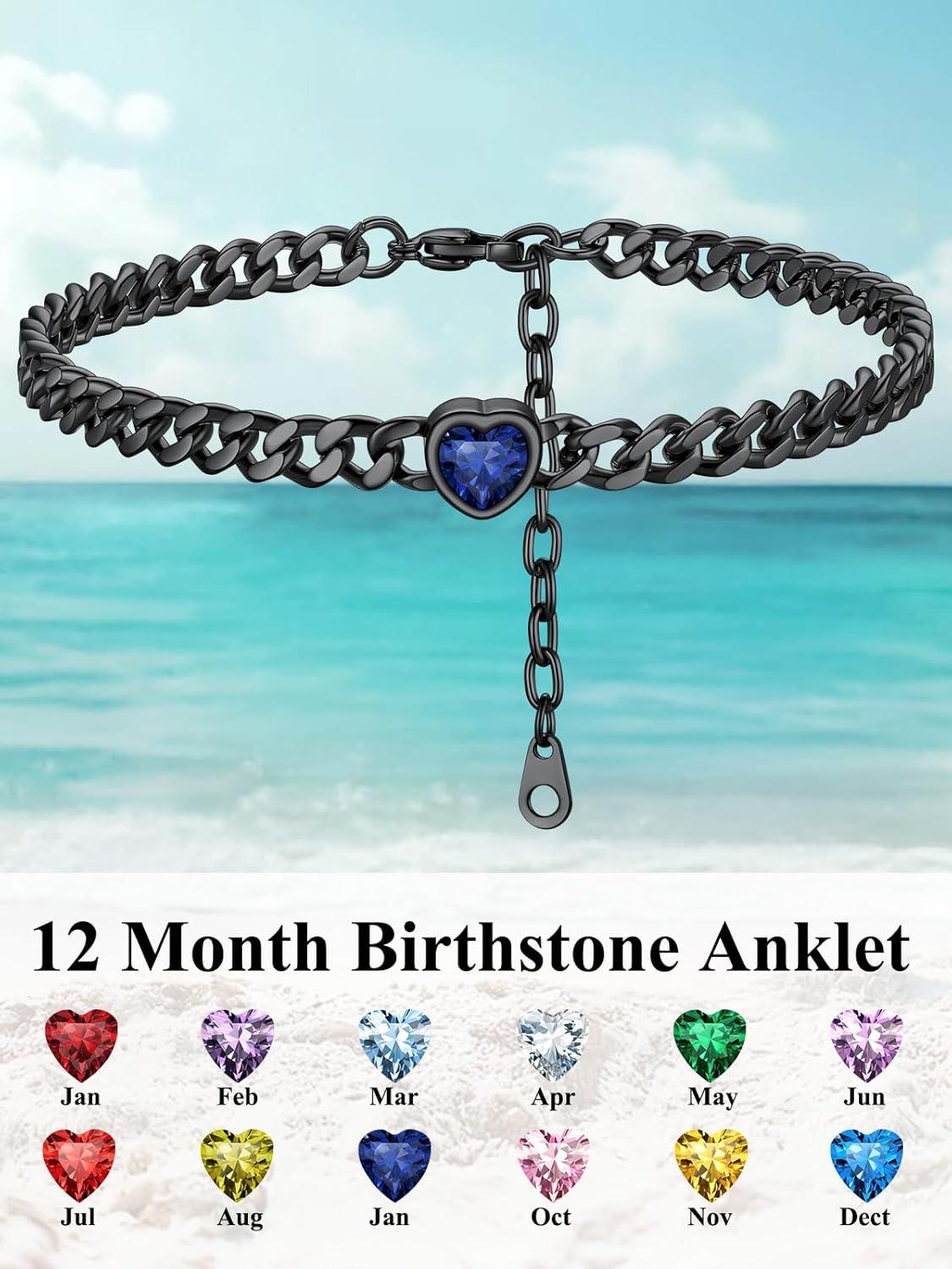 imageChainsHouse Cuban Chain Anklets for WomenStainless Steel Black 6mm Link Chain Ankle Bracelet with Heart Birthstone Jan Dec 12 Months 22cm27cm Adjustable with Gift Box09 SepSapphireBlack