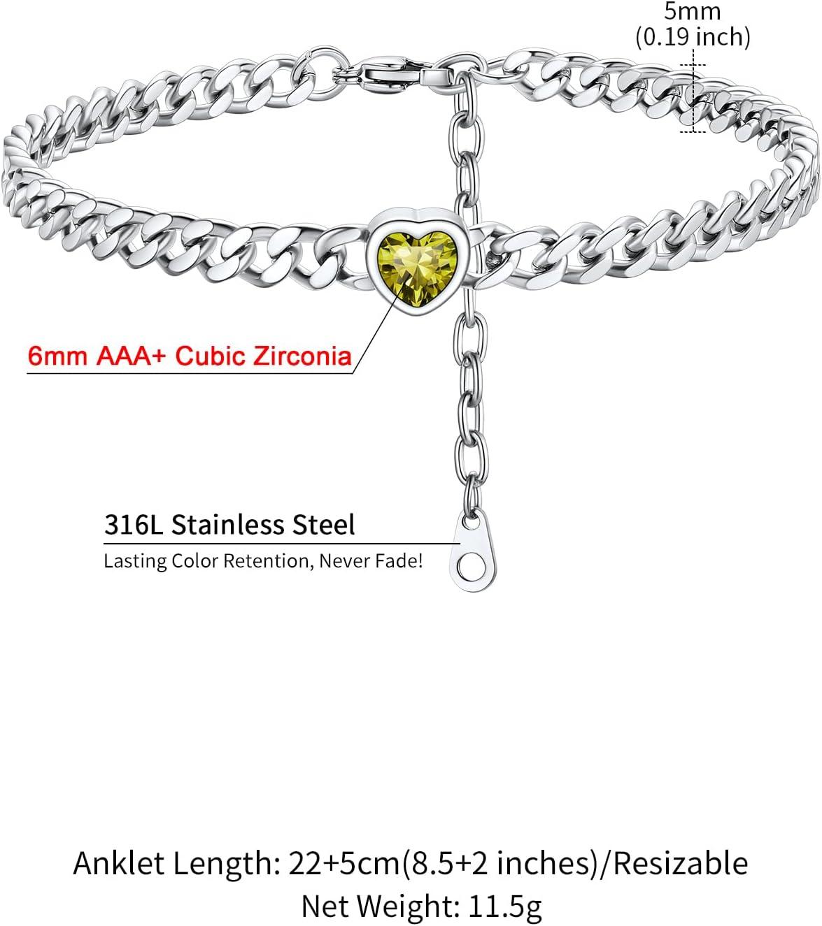 imageChainsHouse Cuban Chain Anklets for WomenStainless Steel Black 6mm Link Chain Ankle Bracelet with Heart Birthstone Jan Dec 12 Months 22cm27cm Adjustable with Gift Box08 AugPeridotSteel