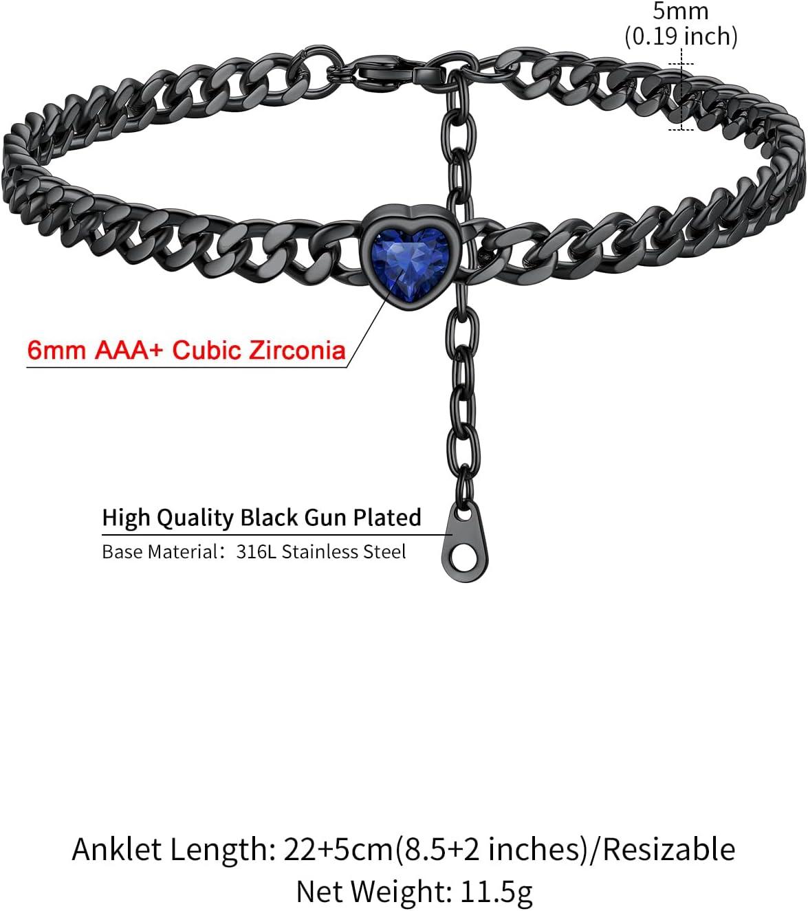 imageChainsHouse Cuban Chain Anklets for WomenStainless Steel Black 6mm Link Chain Ankle Bracelet with Heart Birthstone Jan Dec 12 Months 22cm27cm Adjustable with Gift Box09 SepSapphireBlack