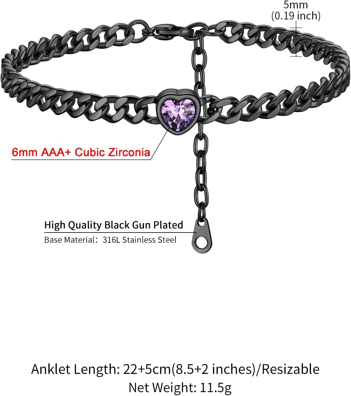 imageChainsHouse Cuban Chain Anklets for WomenStainless Steel Black 6mm Link Chain Ankle Bracelet with Heart Birthstone Jan Dec 12 Months 22cm27cm Adjustable with Gift Box02 FebAmethystBlack