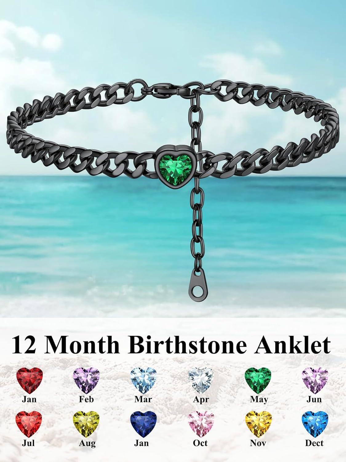 imageChainsHouse Cuban Chain Anklets for WomenStainless Steel Black 6mm Link Chain Ankle Bracelet with Heart Birthstone Jan Dec 12 Months 22cm27cm Adjustable with Gift Box05 MayEmeraldBlack
