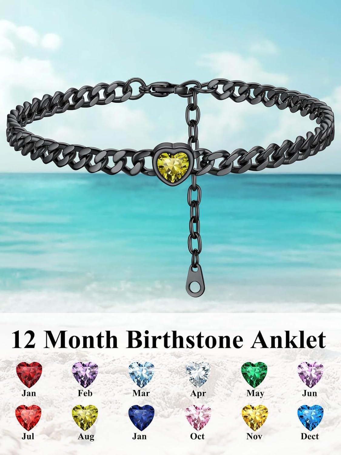 imageChainsHouse Cuban Chain Anklets for WomenStainless Steel Black 6mm Link Chain Ankle Bracelet with Heart Birthstone Jan Dec 12 Months 22cm27cm Adjustable with Gift Box08 AugPeridotBlack