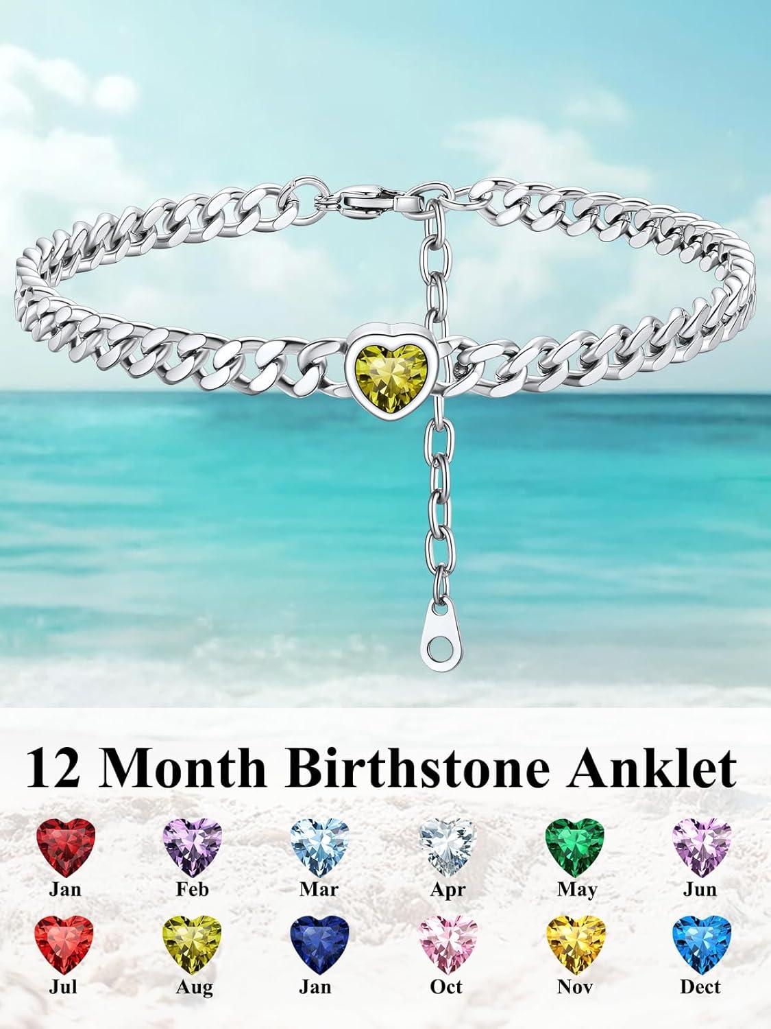 imageChainsHouse Cuban Chain Anklets for WomenStainless Steel Black 6mm Link Chain Ankle Bracelet with Heart Birthstone Jan Dec 12 Months 22cm27cm Adjustable with Gift Box08 AugPeridotSteel