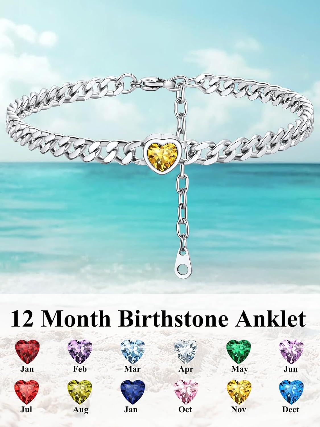 imageChainsHouse Cuban Chain Anklets for WomenStainless Steel Black 6mm Link Chain Ankle Bracelet with Heart Birthstone Jan Dec 12 Months 22cm27cm Adjustable with Gift Box11 NovTopazSteel
