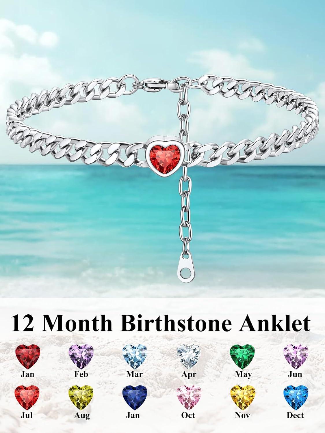 imageChainsHouse Cuban Chain Anklets for WomenStainless Steel Black 6mm Link Chain Ankle Bracelet with Heart Birthstone Jan Dec 12 Months 22cm27cm Adjustable with Gift Box07 JulRubySteel