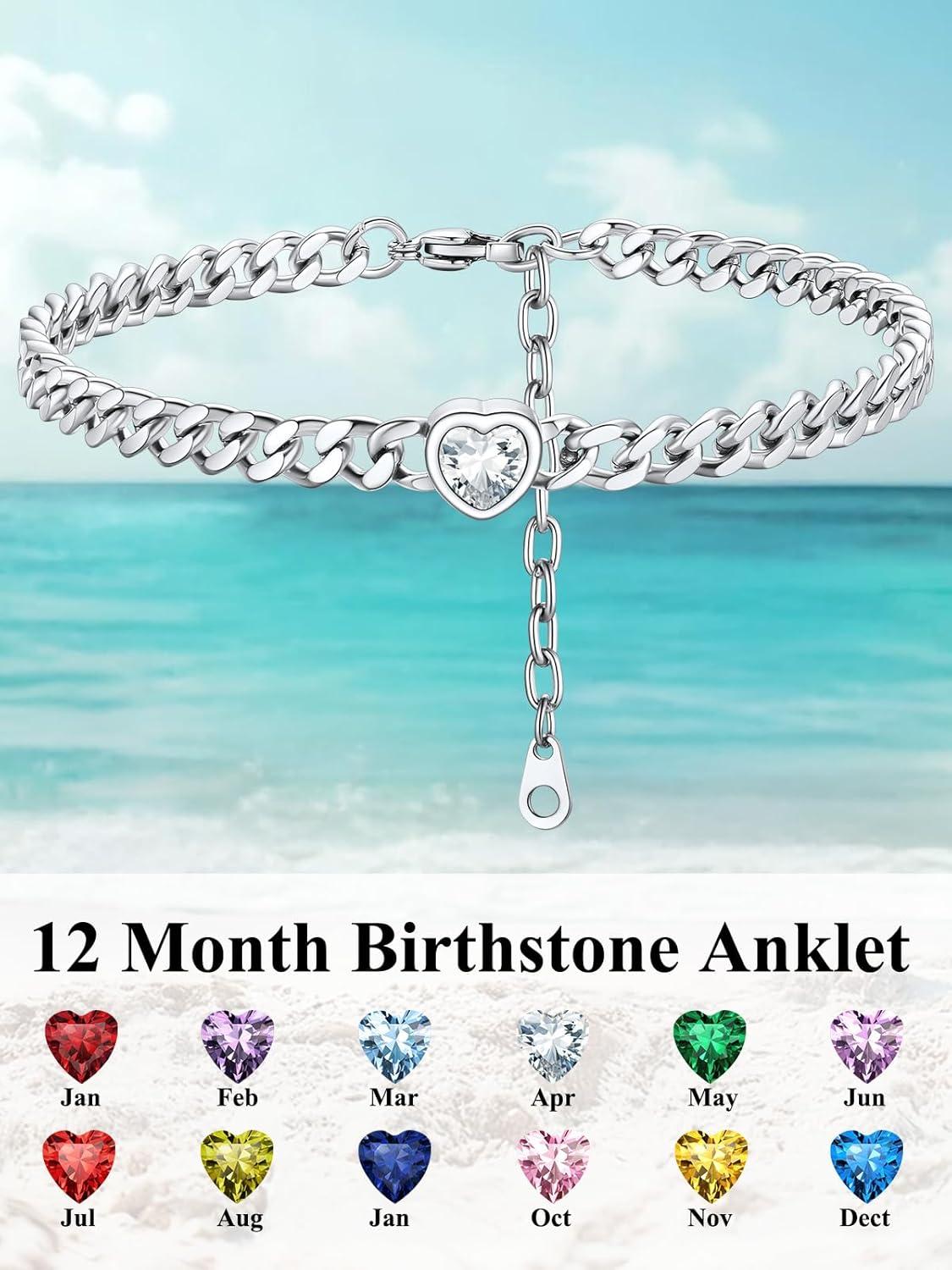 imageChainsHouse Cuban Chain Anklets for WomenStainless Steel Black 6mm Link Chain Ankle Bracelet with Heart Birthstone Jan Dec 12 Months 22cm27cm Adjustable with Gift Box04 AprClear CrystalSteel