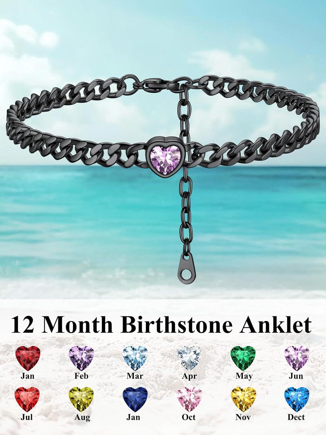 imageChainsHouse Cuban Chain Anklets for WomenStainless Steel Black 6mm Link Chain Ankle Bracelet with Heart Birthstone Jan Dec 12 Months 22cm27cm Adjustable with Gift Box06 JunAlexandriteBlack