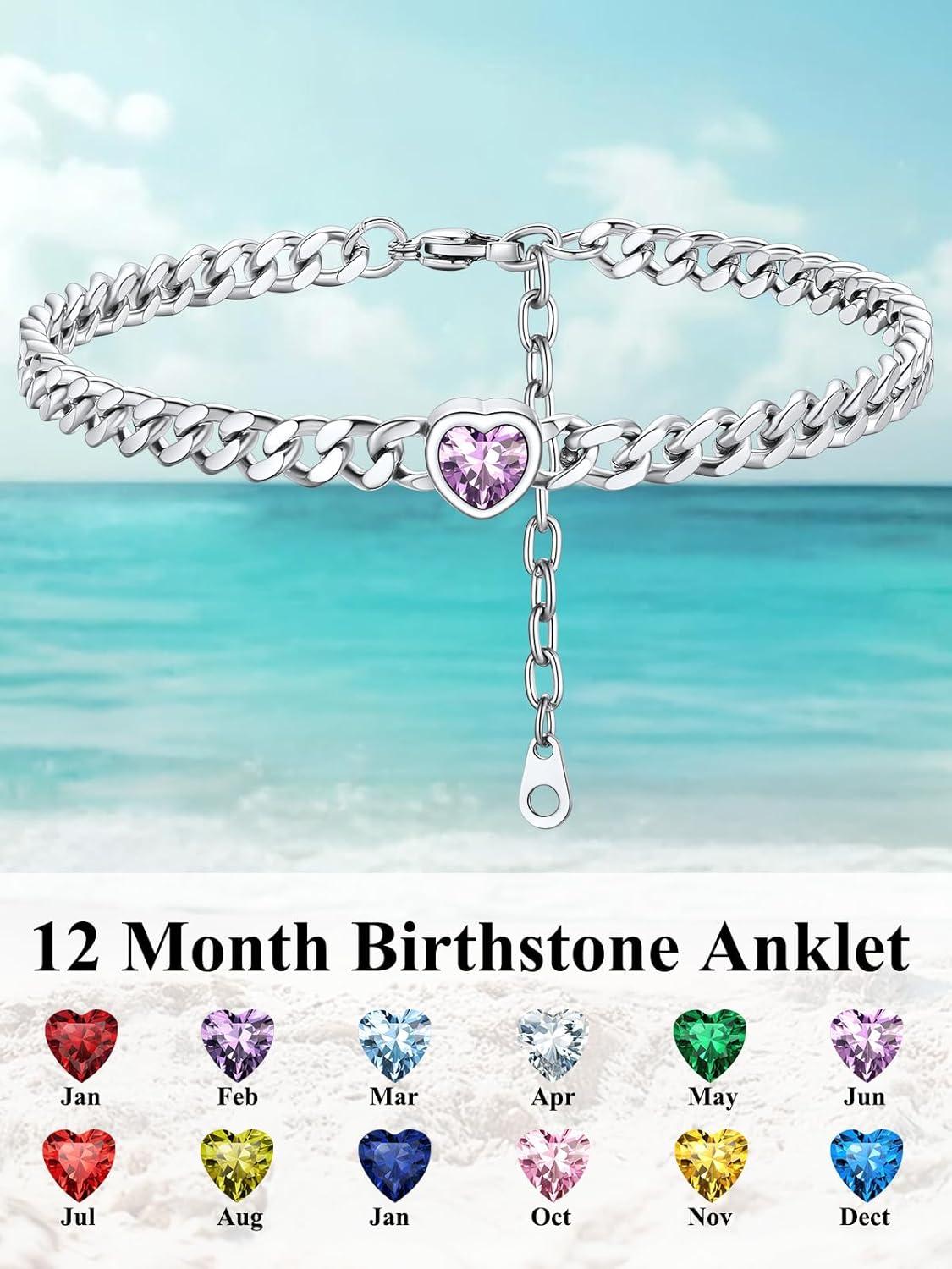imageChainsHouse Cuban Chain Anklets for WomenStainless Steel Black 6mm Link Chain Ankle Bracelet with Heart Birthstone Jan Dec 12 Months 22cm27cm Adjustable with Gift Box06 JunAlexandriteSteel