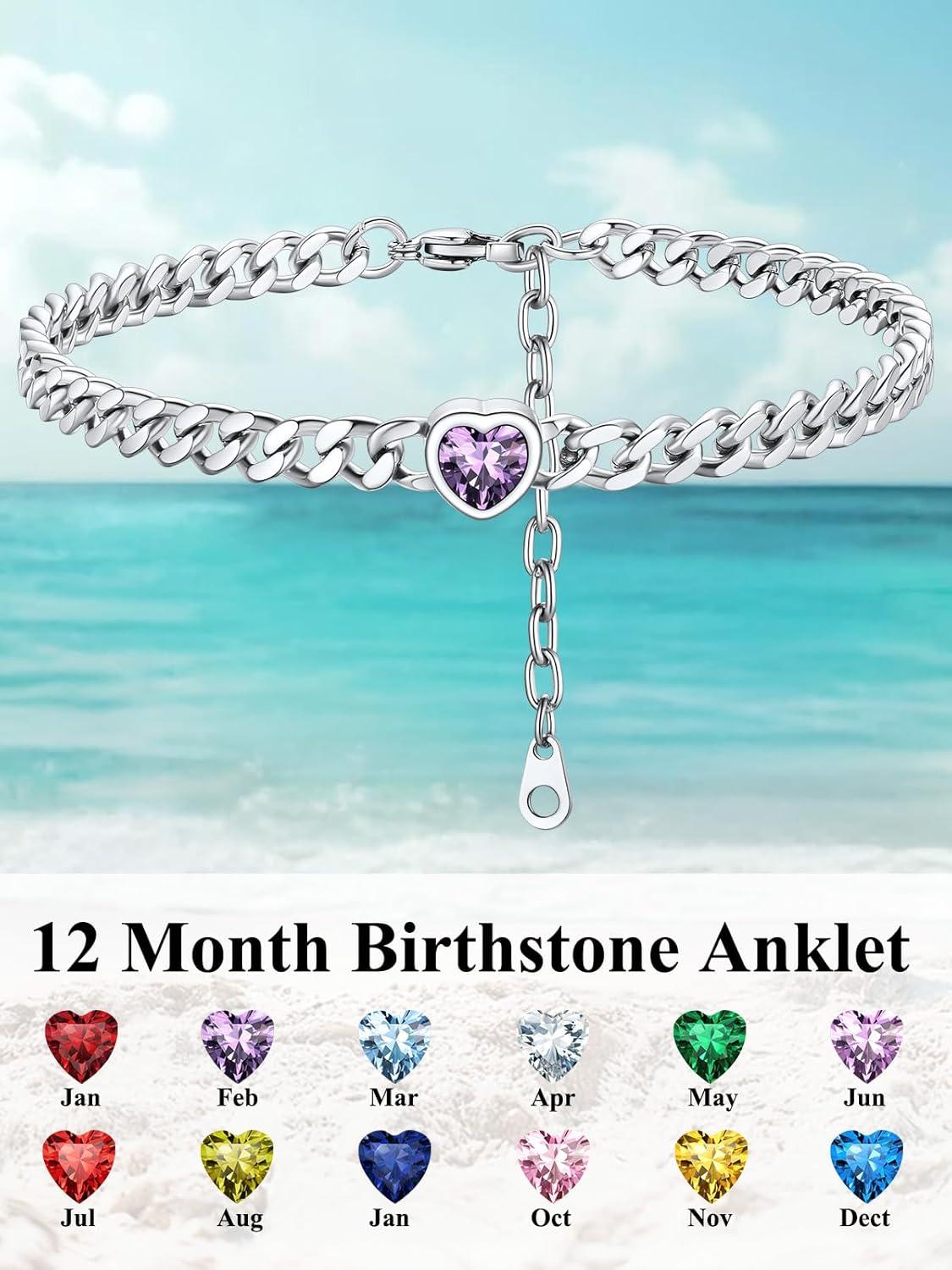 imageChainsHouse Cuban Chain Anklets for WomenStainless Steel Black 6mm Link Chain Ankle Bracelet with Heart Birthstone Jan Dec 12 Months 22cm27cm Adjustable with Gift Box02 FebAmethystSteel