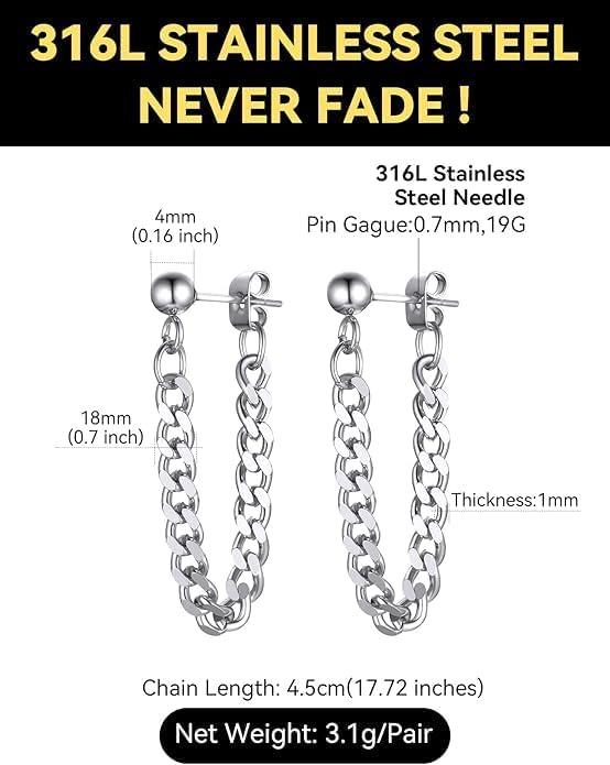 imageChainsHouse Dangle Earrings for Men Women Stainless Steel Drop Chain Earring