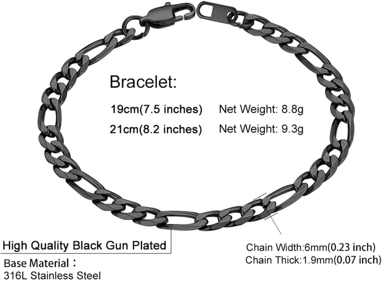 imageChainsHouse Figaro Link Chain Bracelet Stainless SteelBlack18K Gold Plated Wrist Bracelets for Men Women 6MM13MM 75quot83quot Send Gift Boxh 6mmblack