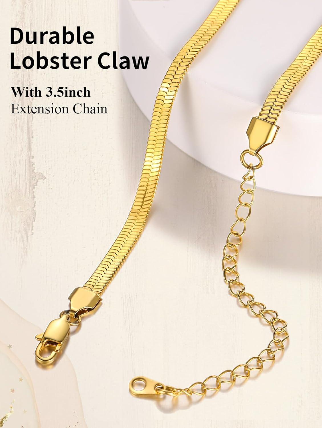 imageChainsHouse Flat Snake Chain Herringbone Choker Necklace for Women Stainless SteelRose Gold18K Gold Plated Dainty Adjustable Simple Short Layered Necklaces 12quot15quot18quot with 35quot Extendera 14k gold plated5mm