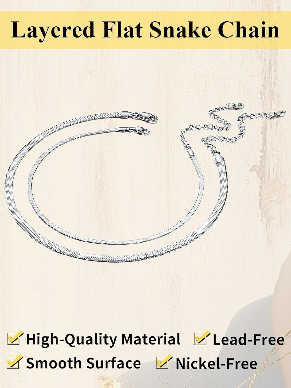 imageChainsHouse Flat Snake Chain Herringbone Choker Necklace for Women Stainless SteelRose Gold18K Gold Plated Dainty Adjustable Simple Short Layered Necklaces 12quot15quot18quot with 35quot Extenderb layered3mm5mmsilver