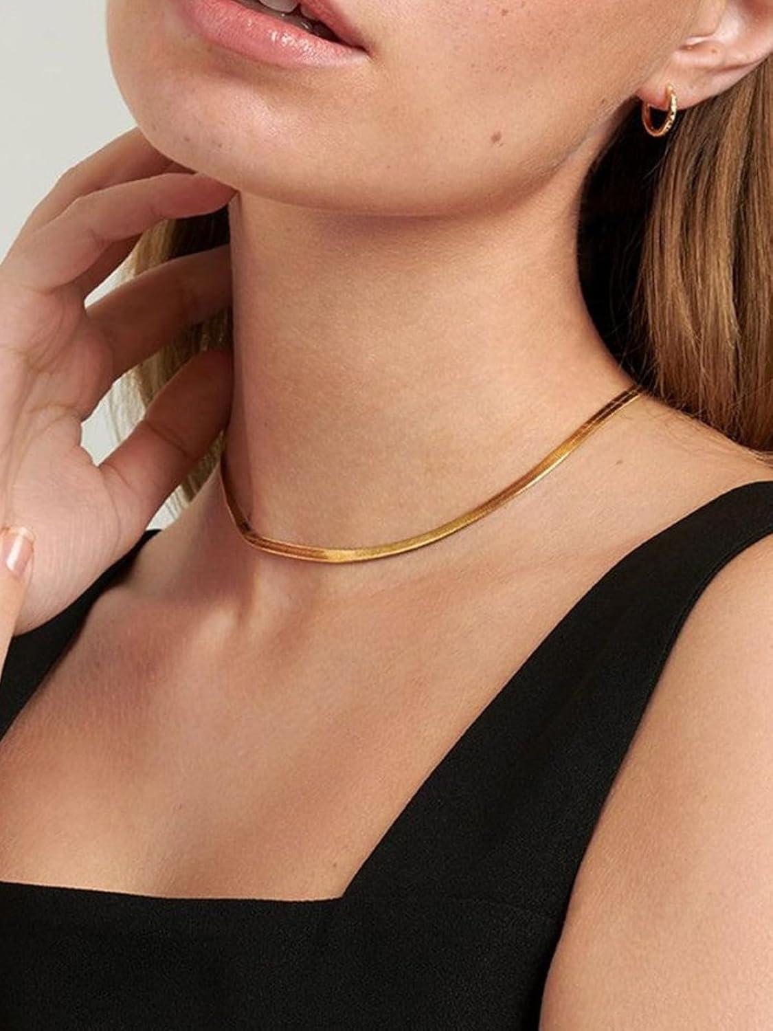 imageChainsHouse Flat Snake Chain Herringbone Choker Necklace for Women Stainless SteelRose Gold18K Gold Plated Dainty Adjustable Simple Short Layered Necklaces 12quot15quot18quot with 35quot Extendera 14k gold plated5mm