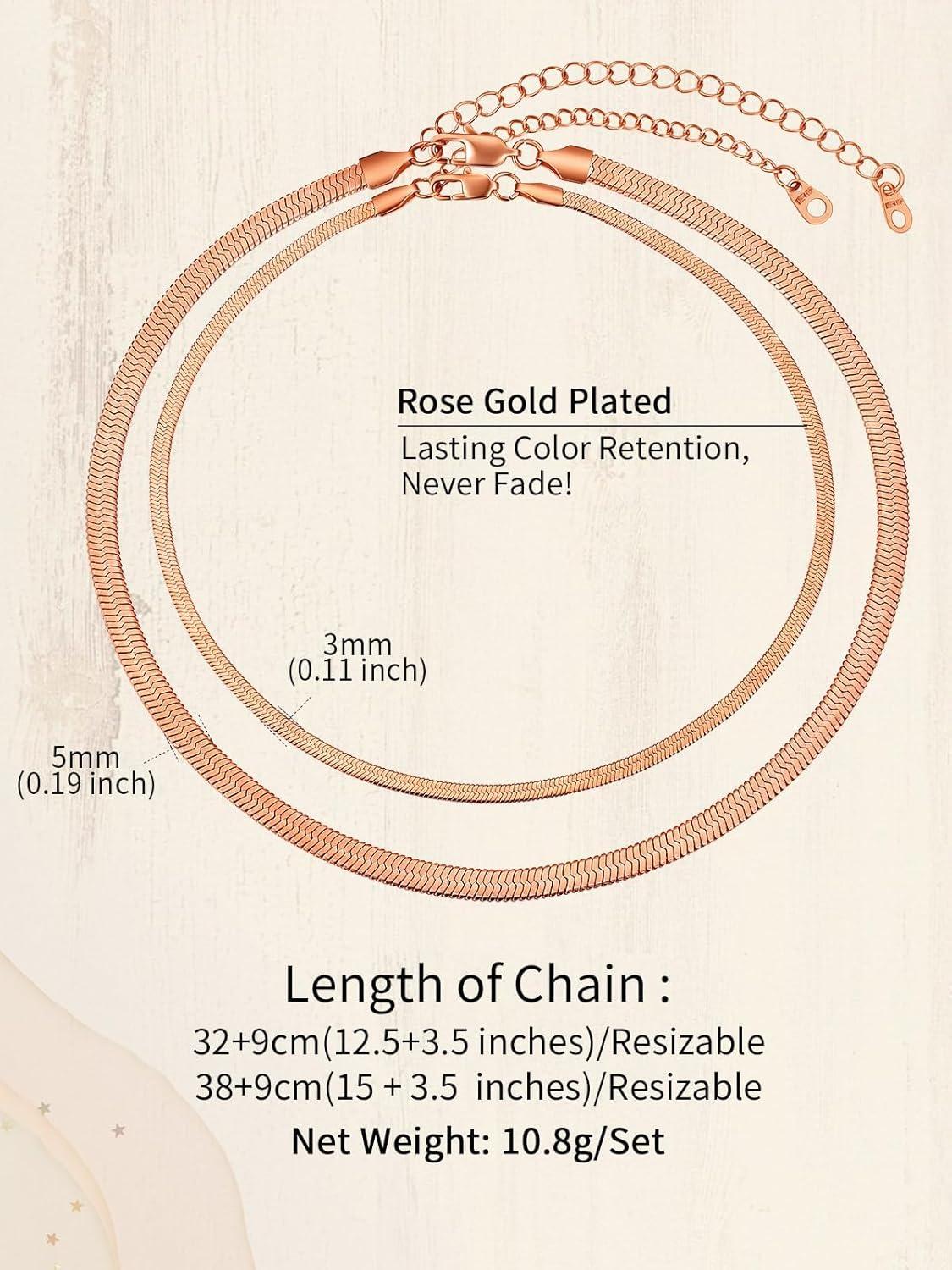 imageChainsHouse Flat Snake Chain Herringbone Choker Necklace for Women Stainless SteelRose Gold18K Gold Plated Dainty Adjustable Simple Short Layered Necklaces 12quot15quot18quot with 35quot Extenderb layered3mm5mmrose gold