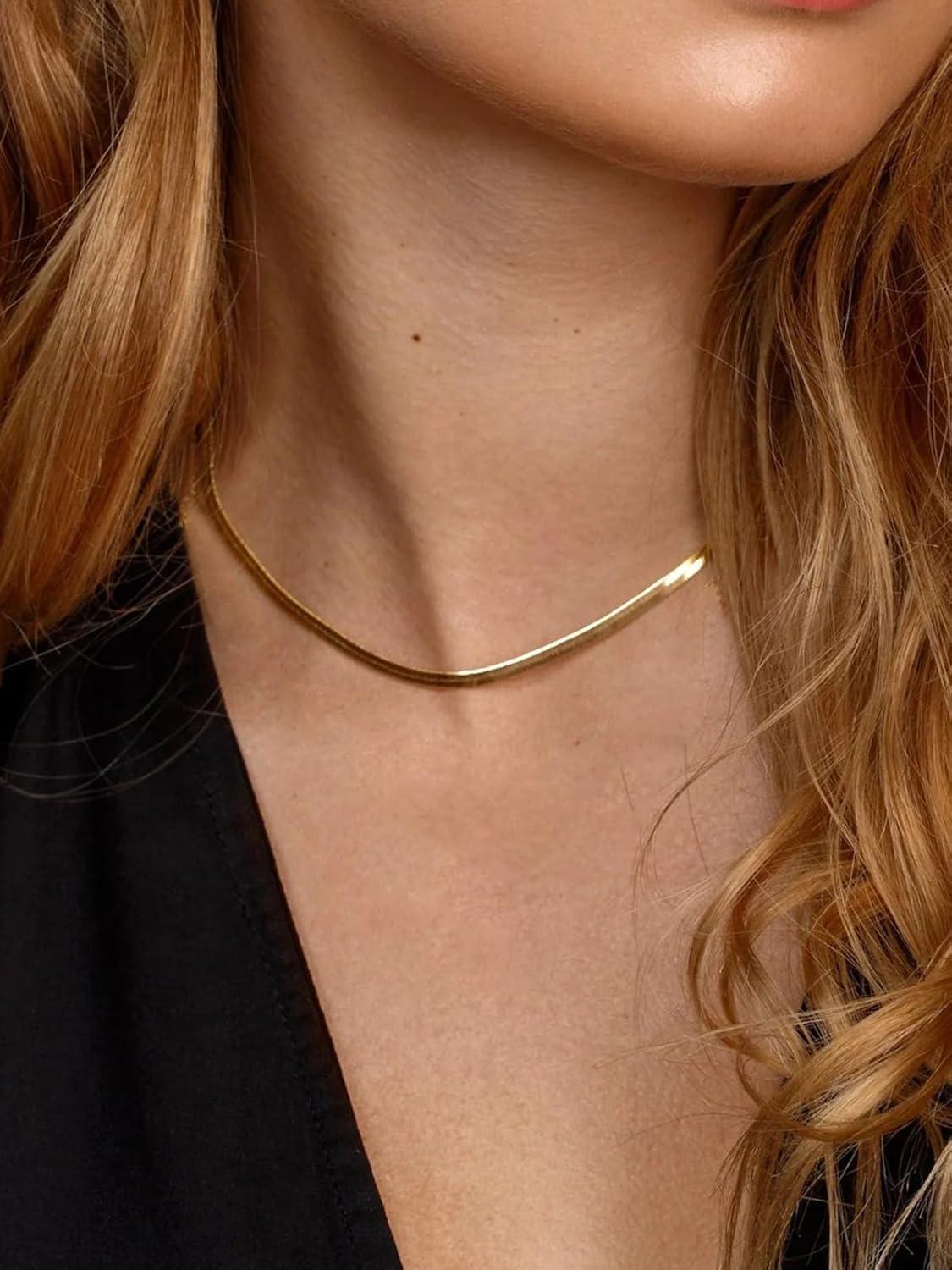 imageChainsHouse Flat Snake Chain Herringbone Choker Necklace for Women Stainless SteelRose Gold18K Gold Plated Dainty Adjustable Simple Short Layered Necklaces 12quot15quot18quot with 35quot Extendera 14k gold plated3mm