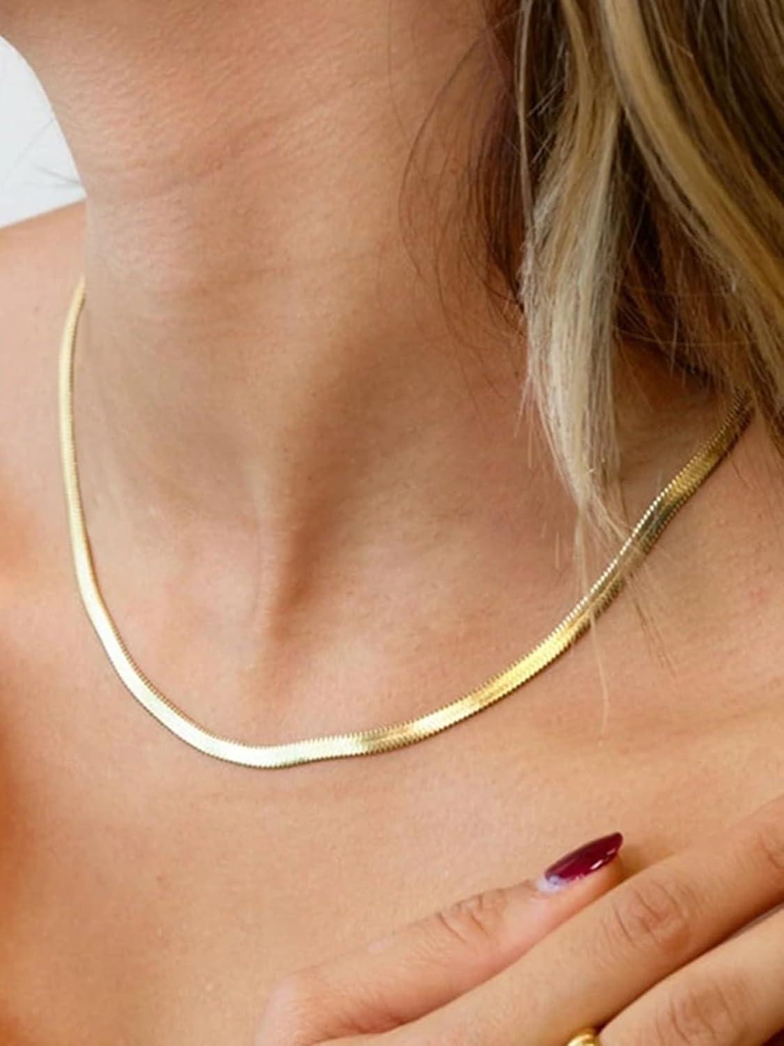 imageChainsHouse Flat Snake Chain Herringbone Choker Necklace for Women Stainless SteelRose Gold18K Gold Plated Dainty Adjustable Simple Short Layered Necklaces 12quot15quot18quot with 35quot Extendera 14k gold plated5mm