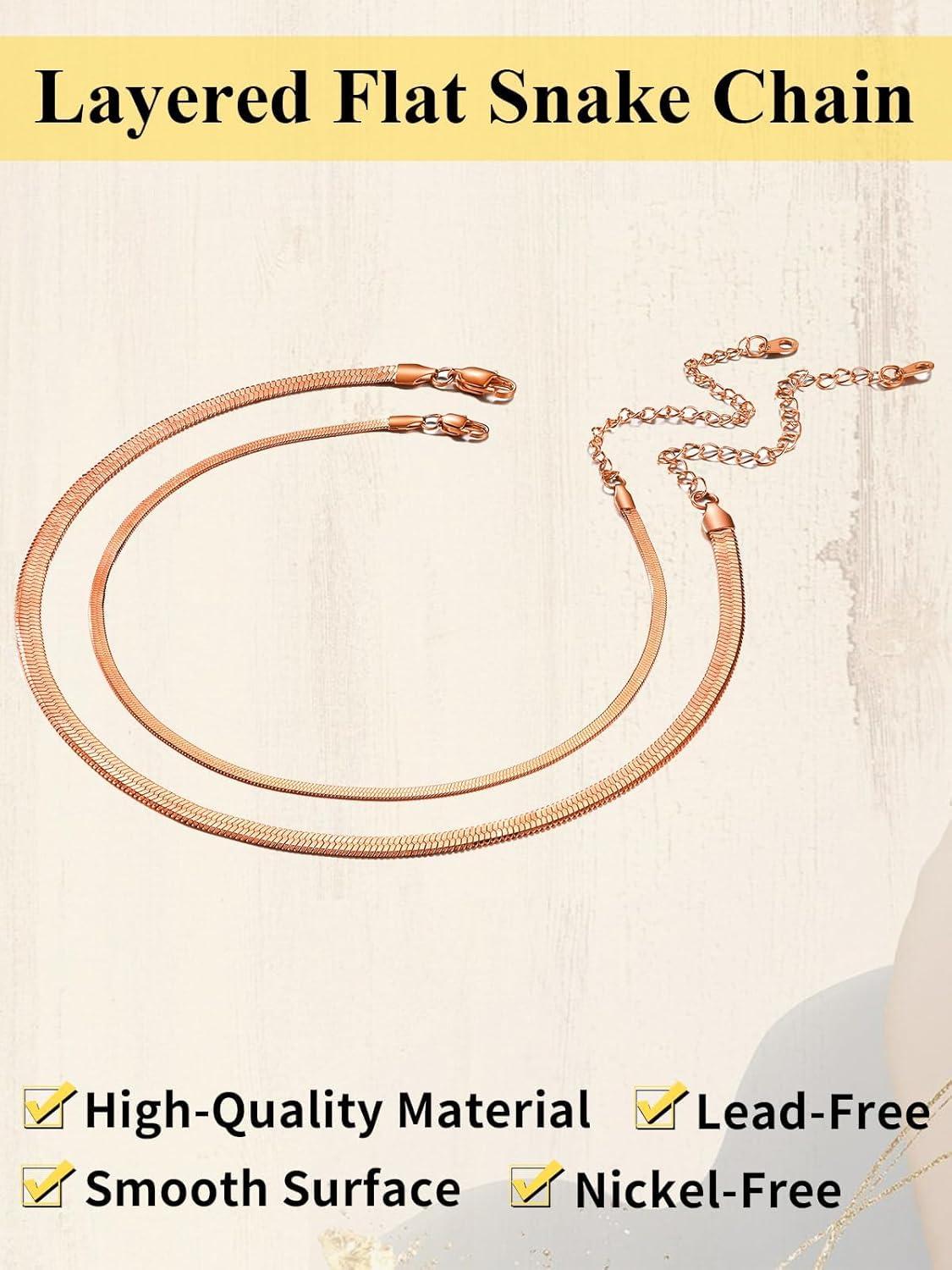 imageChainsHouse Flat Snake Chain Herringbone Choker Necklace for Women Stainless SteelRose Gold18K Gold Plated Dainty Adjustable Simple Short Layered Necklaces 12quot15quot18quot with 35quot Extenderb layered3mm5mmrose gold