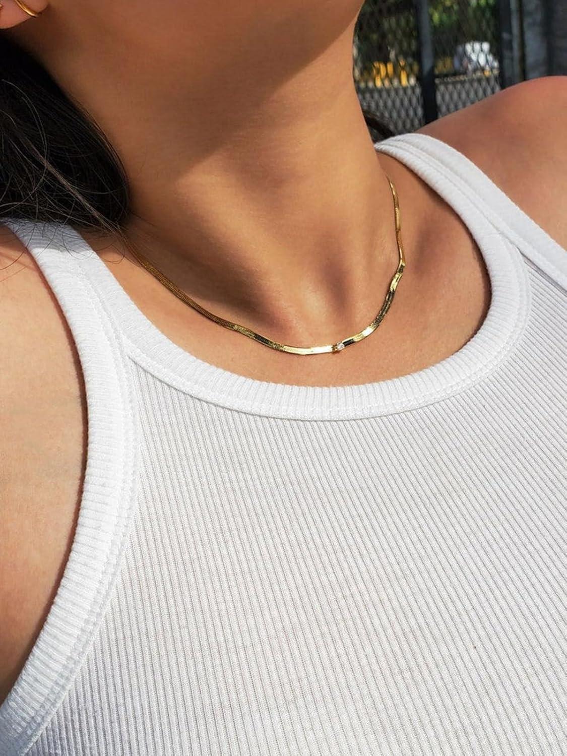 imageChainsHouse Flat Snake Chain Herringbone Choker Necklace for Women Stainless SteelRose Gold18K Gold Plated Dainty Adjustable Simple Short Layered Necklaces 12quot15quot18quot with 35quot Extendera 14k gold plated3mm