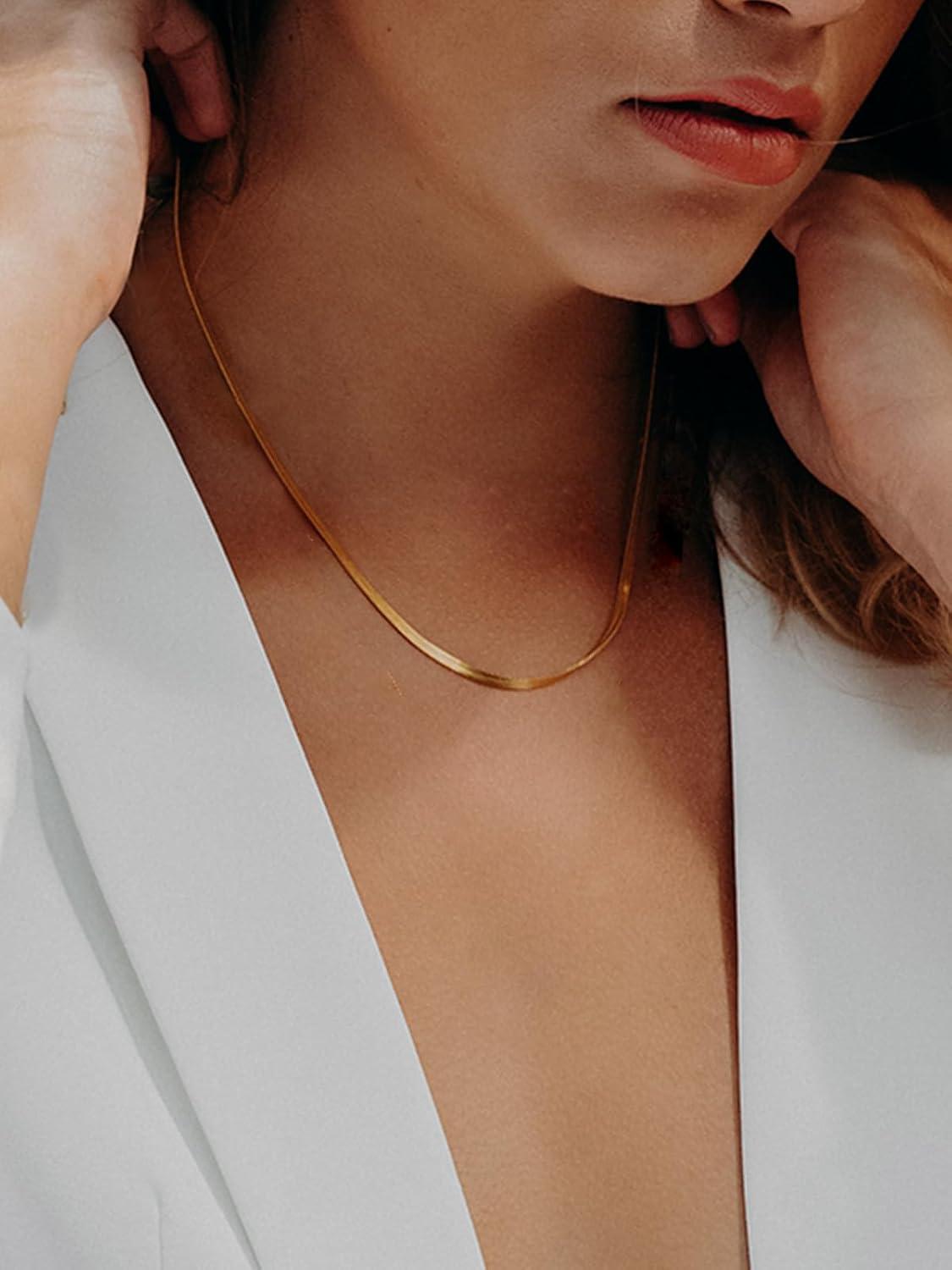 imageChainsHouse Flat Snake Chain Herringbone Choker Necklace for Women Stainless SteelRose Gold18K Gold Plated Dainty Adjustable Simple Short Layered Necklaces 12quot15quot18quot with 35quot Extendera 14k gold plated3mm