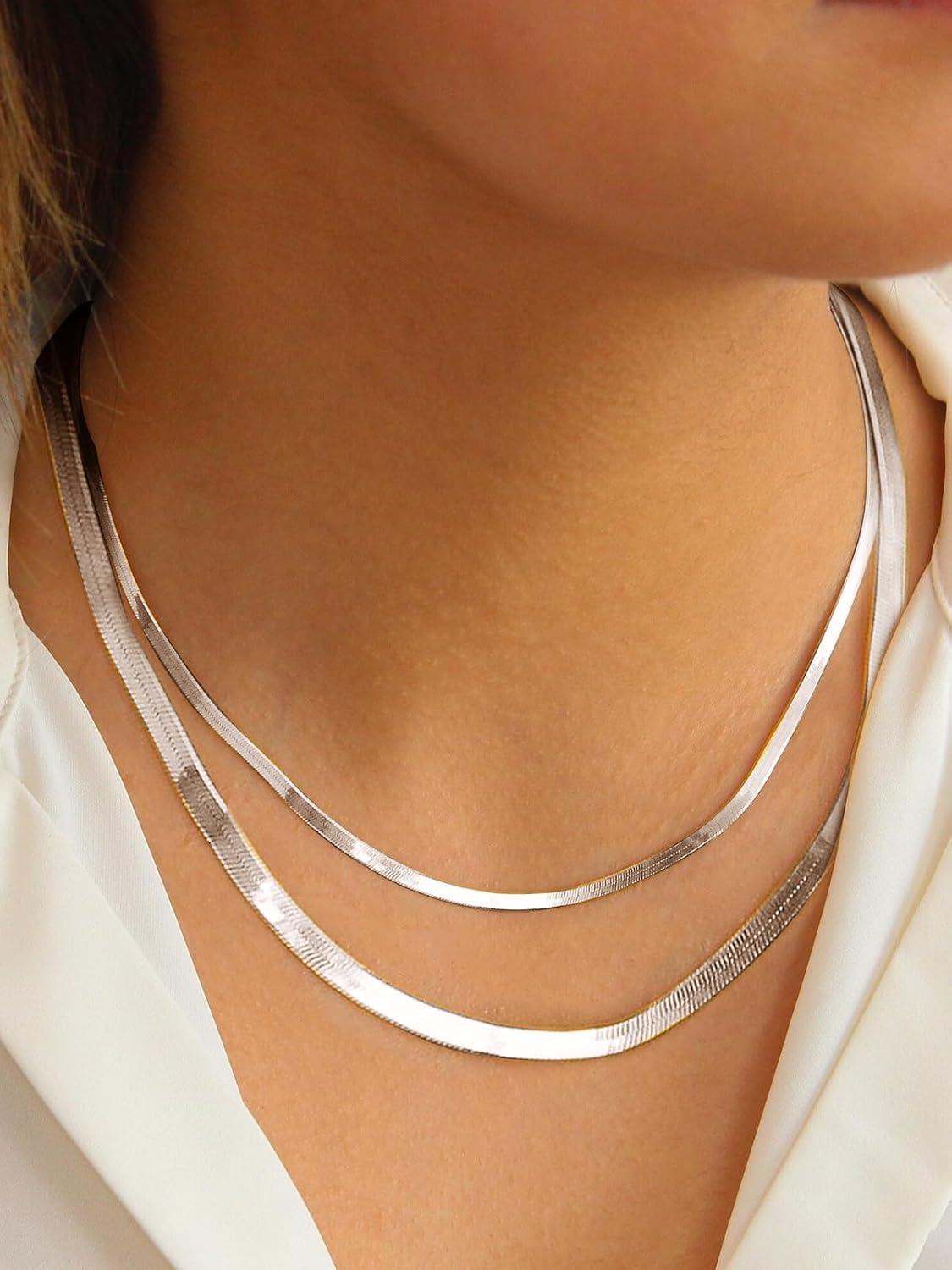 imageChainsHouse Flat Snake Chain Herringbone Choker Necklace for Women Stainless SteelRose Gold18K Gold Plated Dainty Adjustable Simple Short Layered Necklaces 12quot15quot18quot with 35quot Extenderb layered3mm5mmsilver