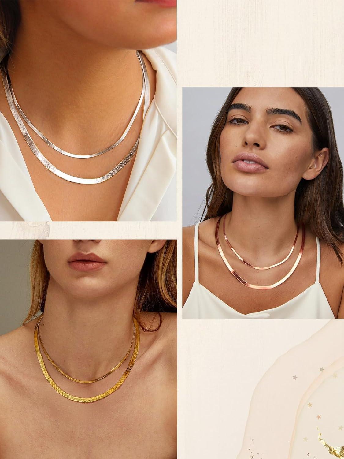 imageChainsHouse Flat Snake Chain Herringbone Choker Necklace for Women Stainless SteelRose Gold18K Gold Plated Dainty Adjustable Simple Short Layered Necklaces 12quot15quot18quot with 35quot Extenderb layered3mm5mmsilver