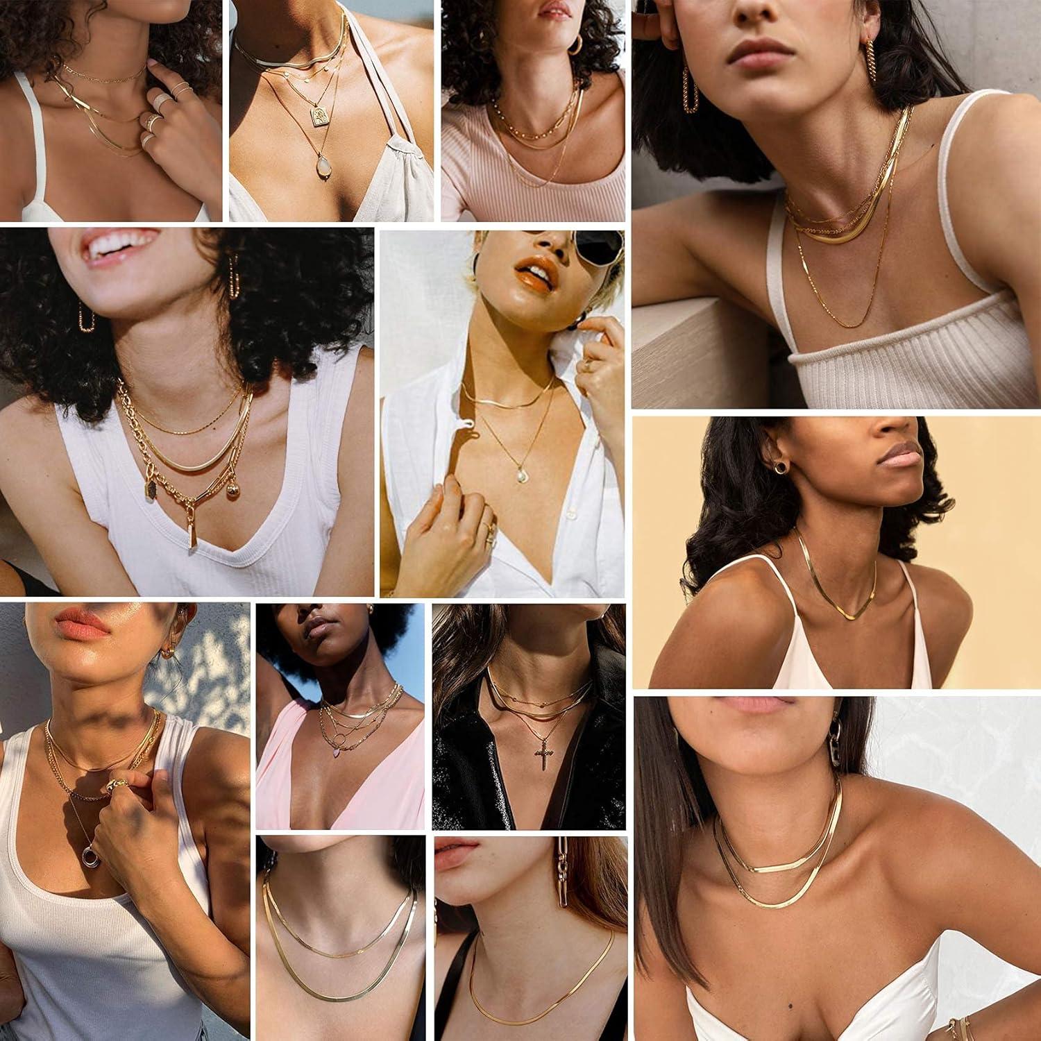 imageChainsHouse Flat Snake Chain Herringbone Choker Necklace for Women Stainless SteelRose Gold18K Gold Plated Dainty Adjustable Simple Short Layered Necklaces 12quot15quot18quot with 35quot Extendera 14k gold plated3mm