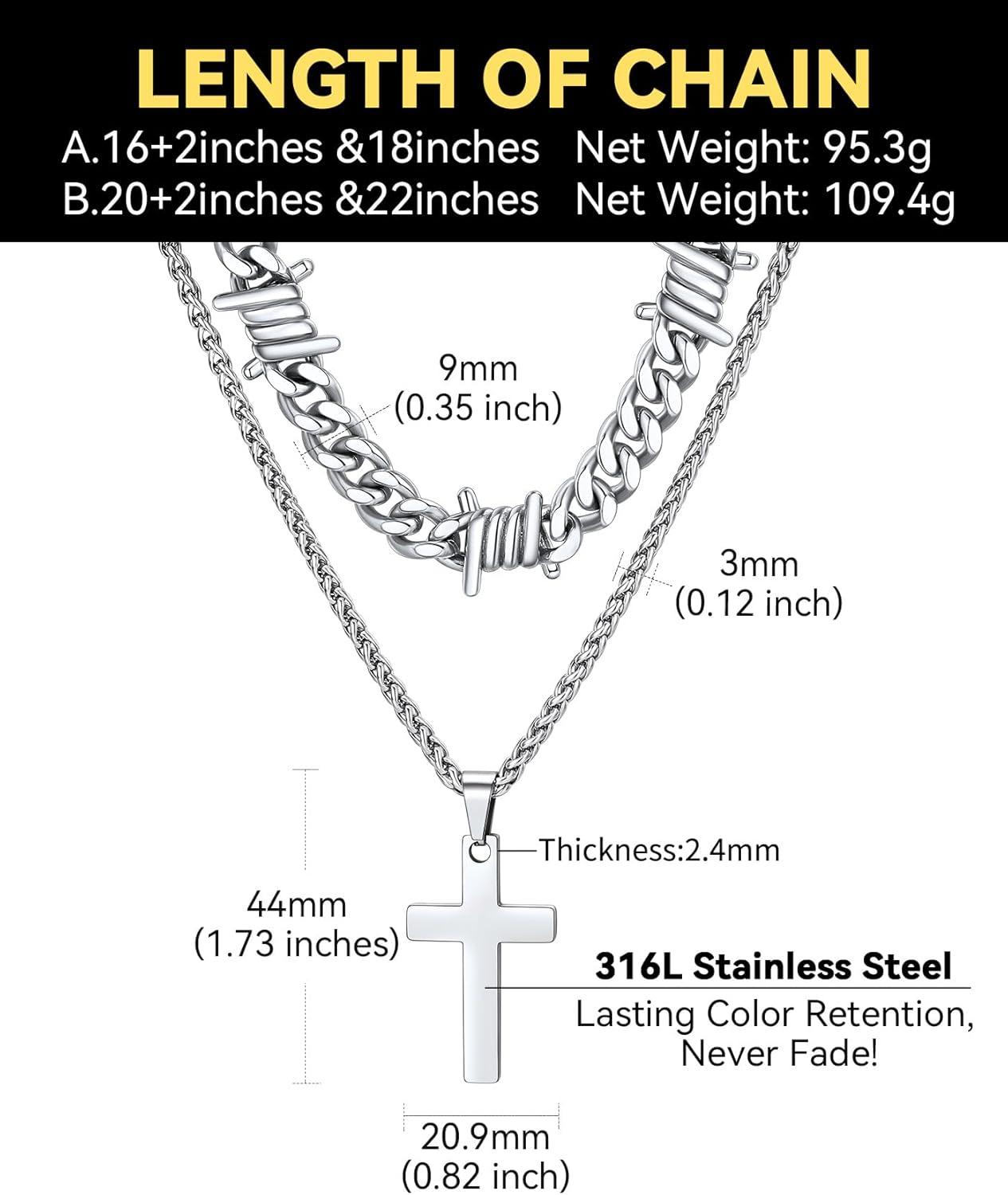 imageChainsHouse Layered Cross Necklace for Men Stainless SteelBlackGold Plated CubanBarbed Wire Necklace with CrossCrucifix Pendant Religious Jewelry Gift Set for Dad Husband07 SteelLayered WireCross Pendant
