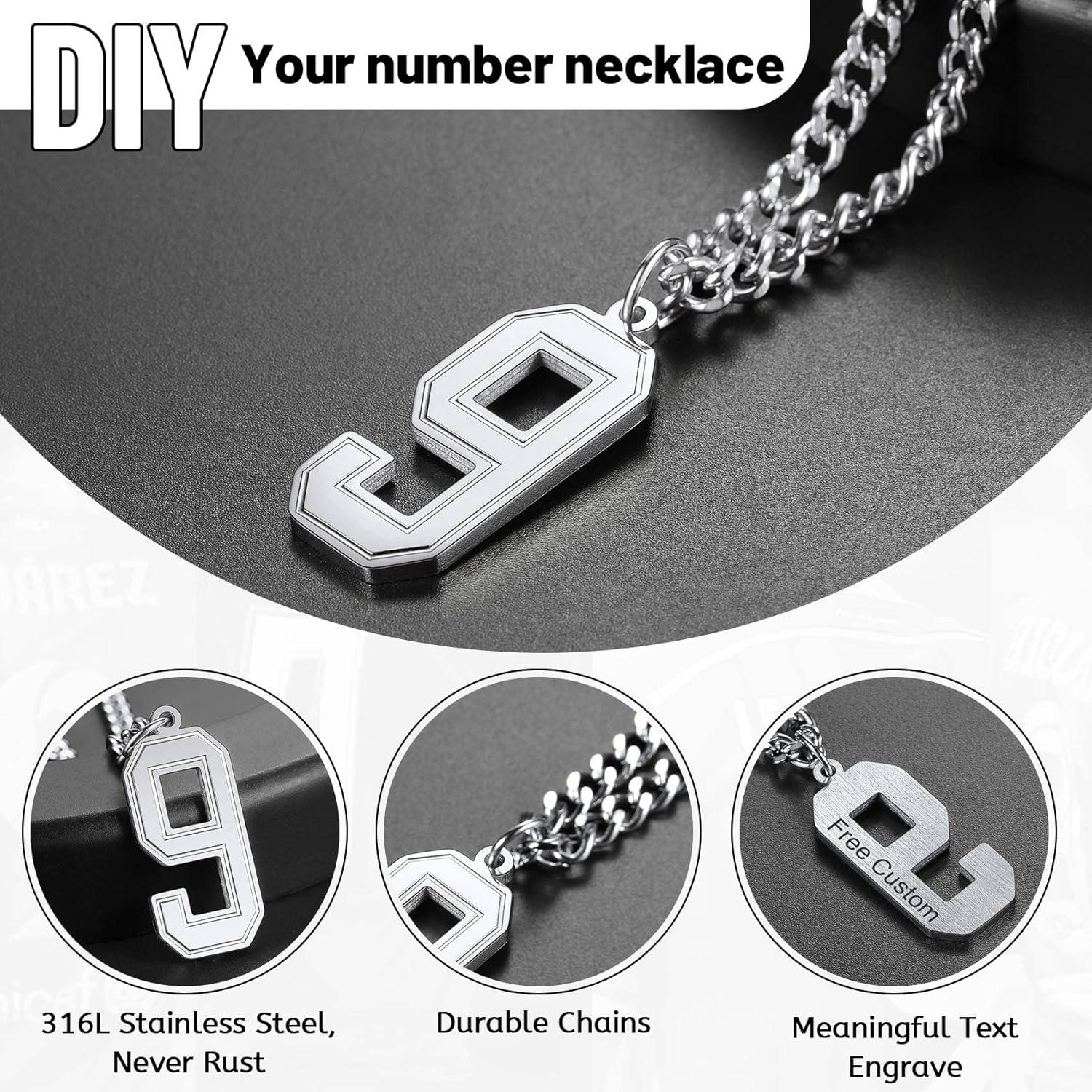 imageChainsHouse Men 09 Jersey Number Necklace Custom Necklace BaseballBasketballFootball with Number Personalized Number Pendant Stainless Steel Chain Sports Necklaces for Men Women with Gift BoxNumber 9Steel
