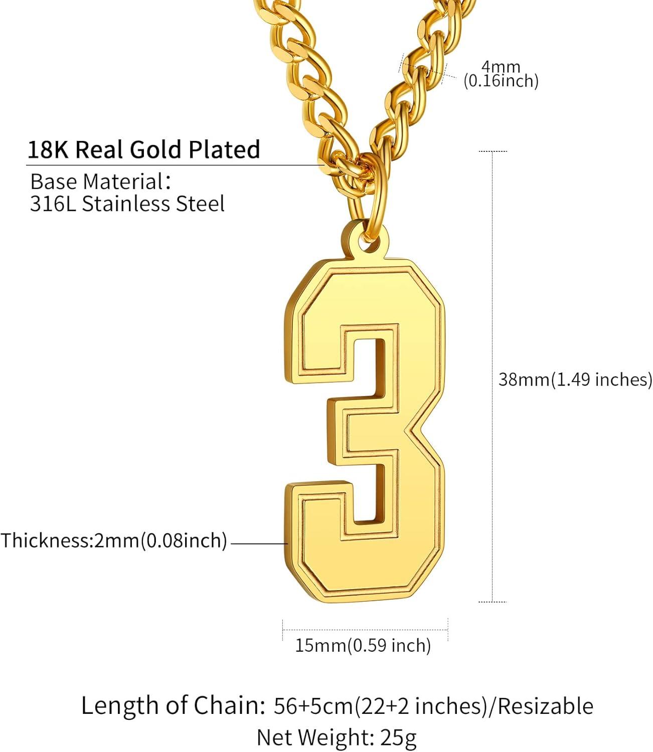 imageChainsHouse Men 09 Jersey Number Necklace Custom Necklace BaseballBasketballFootball with Number Personalized Number Pendant Stainless Steel Chain Sports Necklaces for Men Women with Gift BoxNumber 3Gold