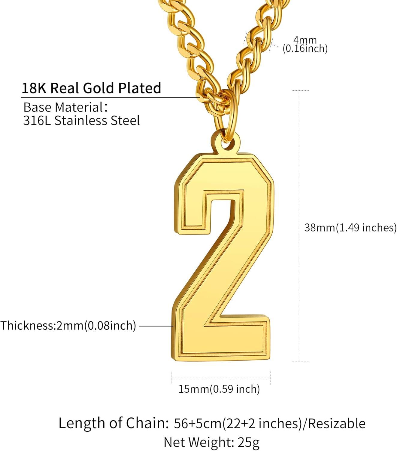 imageChainsHouse Men 09 Jersey Number Necklace Custom Necklace BaseballBasketballFootball with Number Personalized Number Pendant Stainless Steel Chain Sports Necklaces for Men Women with Gift BoxNumber 2Gold