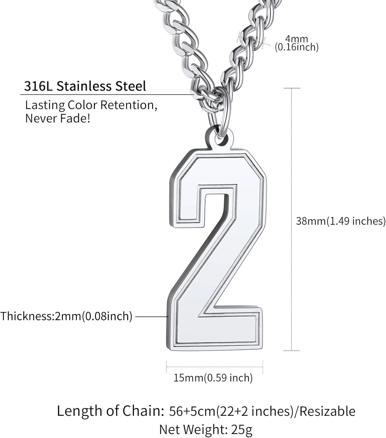 imageChainsHouse Men 09 Jersey Number Necklace Custom Necklace BaseballBasketballFootball with Number Personalized Number Pendant Stainless Steel Chain Sports Necklaces for Men Women with Gift BoxNumber 2Steel