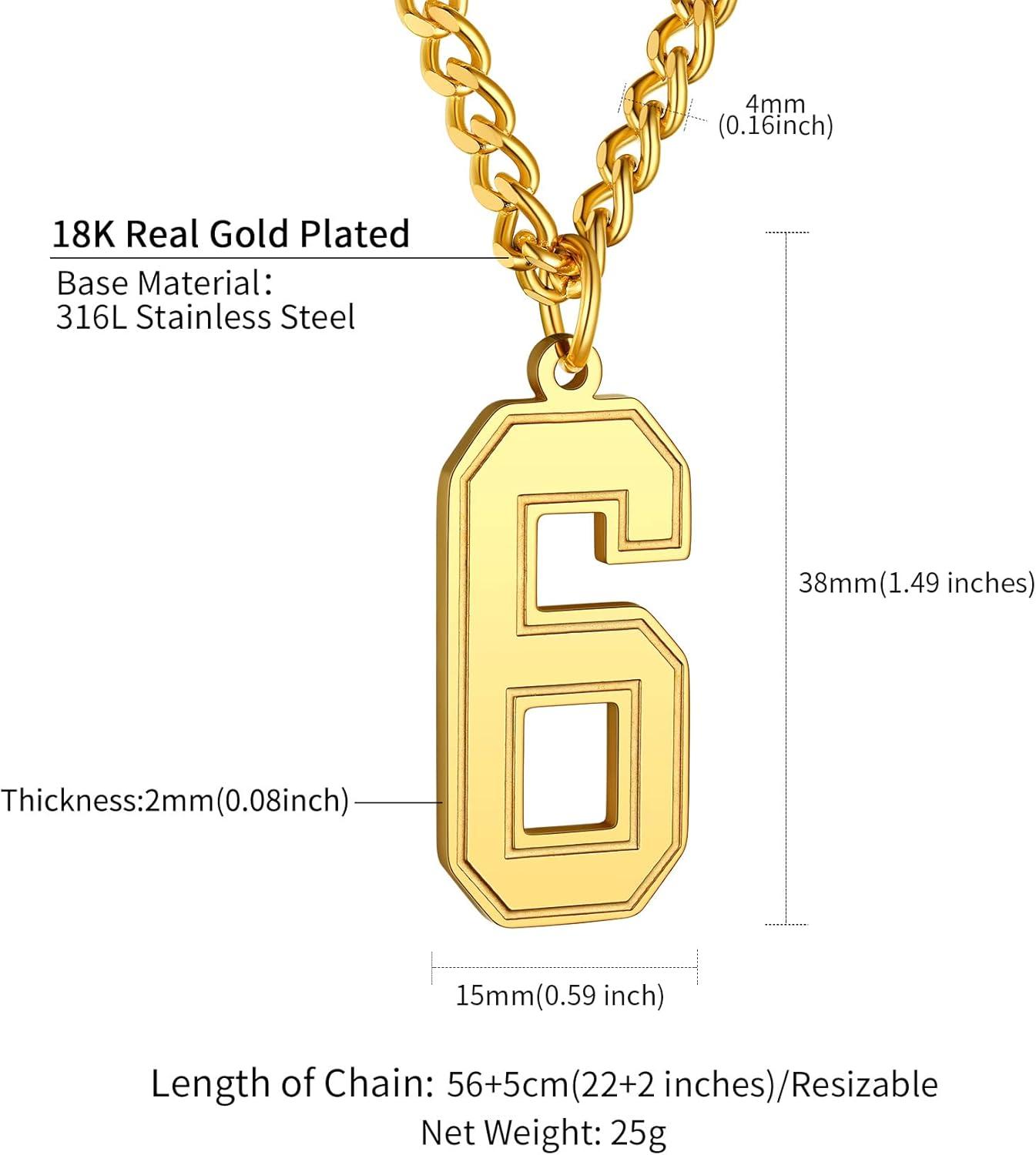 imageChainsHouse Men 09 Jersey Number Necklace Custom Necklace BaseballBasketballFootball with Number Personalized Number Pendant Stainless Steel Chain Sports Necklaces for Men Women with Gift BoxNumber 6Gold