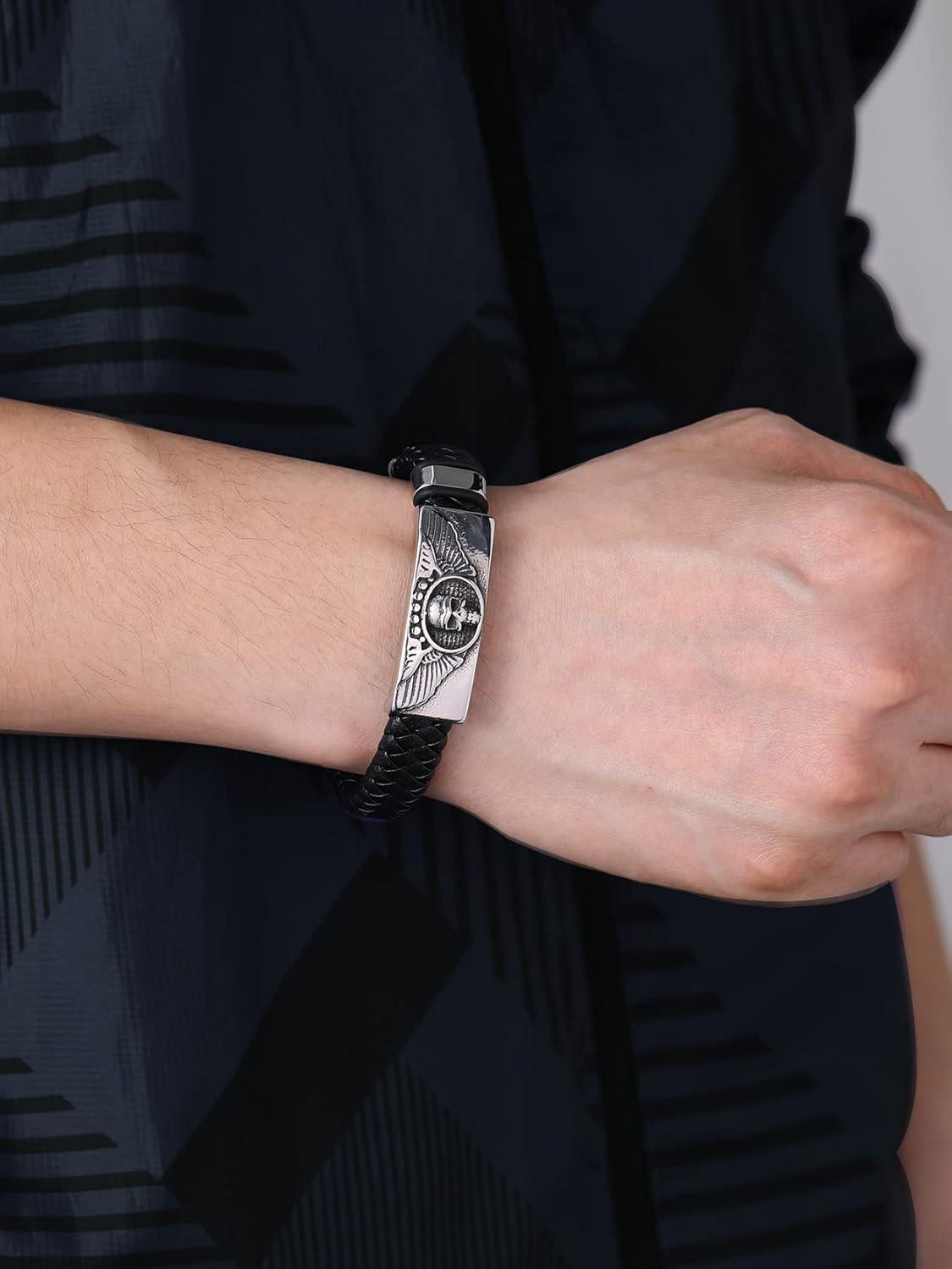 imageChainsHouse Mens Wrap Braided Leather Black Bead Bracelets Bangles Vintage Star of DavidWing SkullTemplar Cross Genuine Leather Bracelet Customize Available Size 758390 Inch Send Gift BoxB Wing SkullSteelCustom