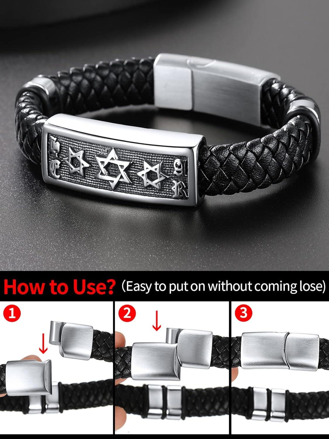 imageChainsHouse Mens Wrap Braided Leather Black Bead Bracelets Bangles Vintage Star of DavidWing SkullTemplar Cross Genuine Leather Bracelet Customize Available Size 758390 Inch Send Gift BoxB Star of DavidSteelCustom