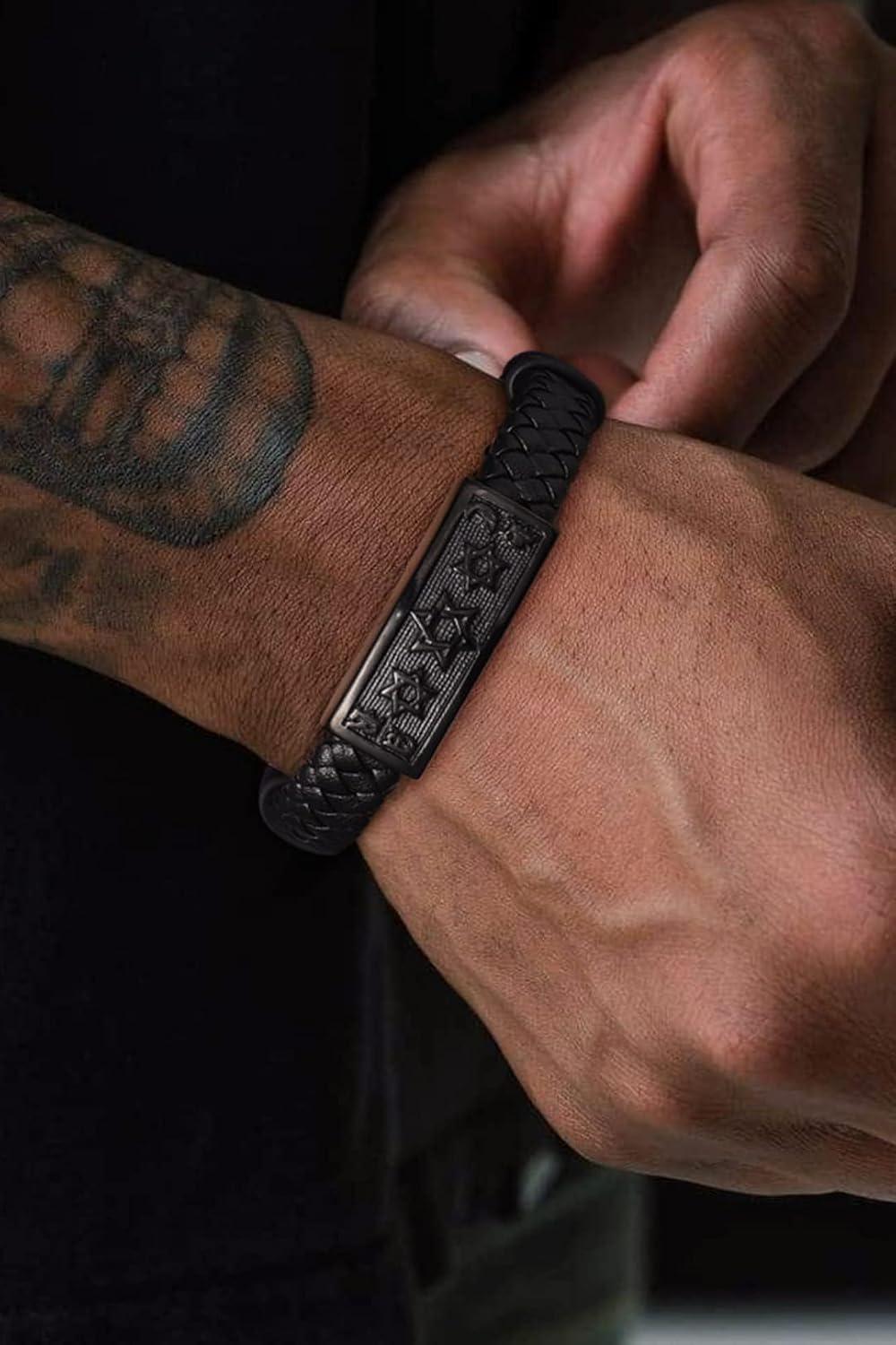 imageChainsHouse Mens Wrap Braided Leather Black Bead Bracelets Bangles Vintage Star of DavidWing SkullTemplar Cross Genuine Leather Bracelet Customize Available Size 758390 Inch Send Gift BoxB Star of DavidBlackCustom