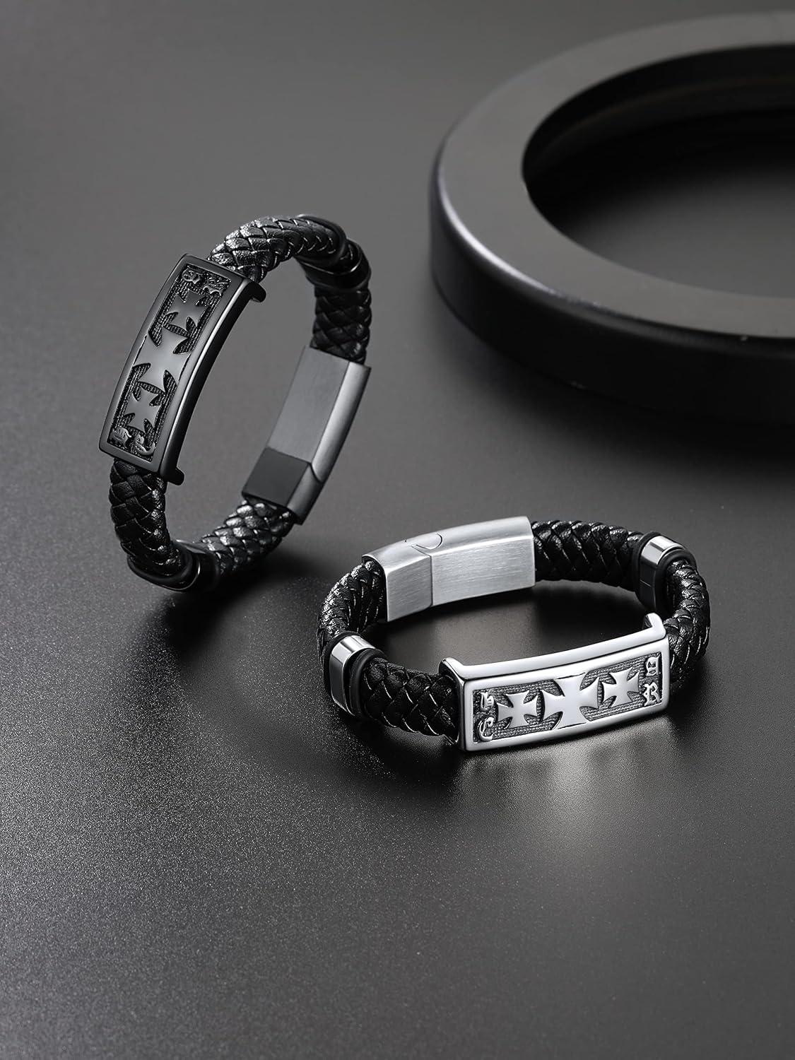 imageChainsHouse Mens Wrap Braided Leather Black Bead Bracelets Bangles Vintage Star of DavidWing SkullTemplar Cross Genuine Leather Bracelet Customize Available Size 758390 Inch Send Gift BoxA Templar CrossSteel