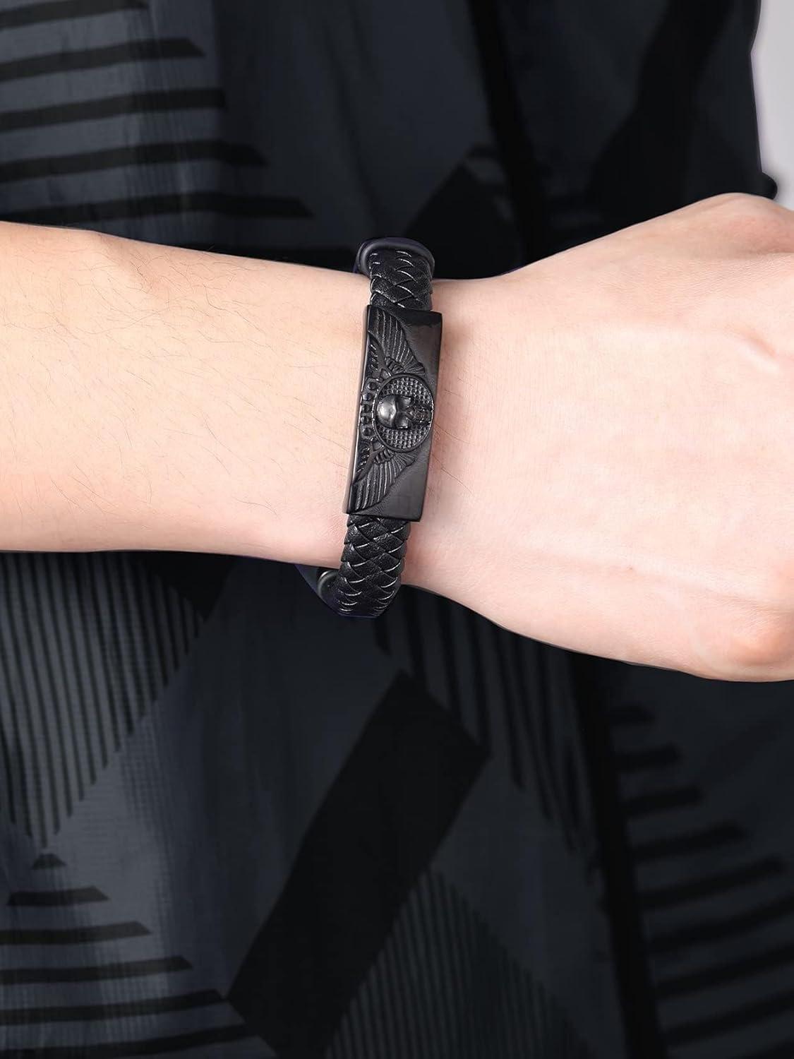 imageChainsHouse Mens Wrap Braided Leather Black Bead Bracelets Bangles Vintage Star of DavidWing SkullTemplar Cross Genuine Leather Bracelet Customize Available Size 758390 Inch Send Gift BoxB Wing SkullBlackCustom