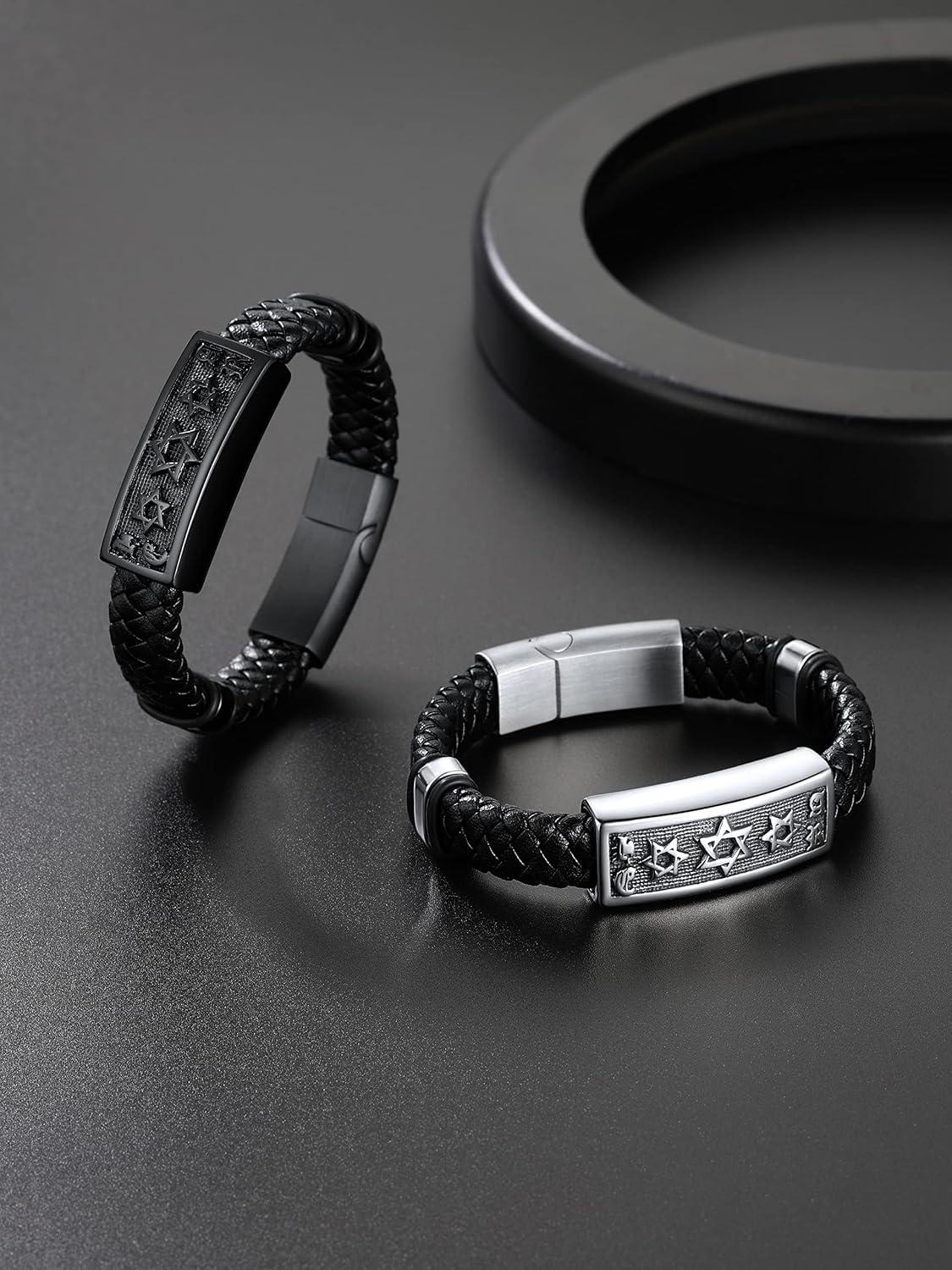 imageChainsHouse Mens Wrap Braided Leather Black Bead Bracelets Bangles Vintage Star of DavidWing SkullTemplar Cross Genuine Leather Bracelet Customize Available Size 758390 Inch Send Gift BoxA Star of DavidBlack