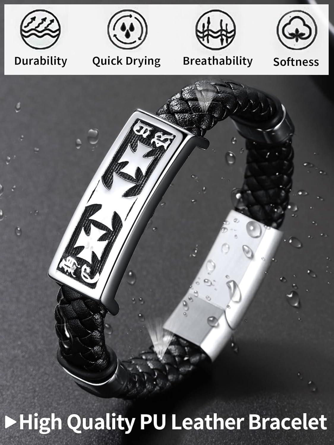 imageChainsHouse Mens Wrap Braided Leather Black Bead Bracelets Bangles Vintage Star of DavidWing SkullTemplar Cross Genuine Leather Bracelet Customize Available Size 758390 Inch Send Gift BoxB Templar CrossSteelCustom