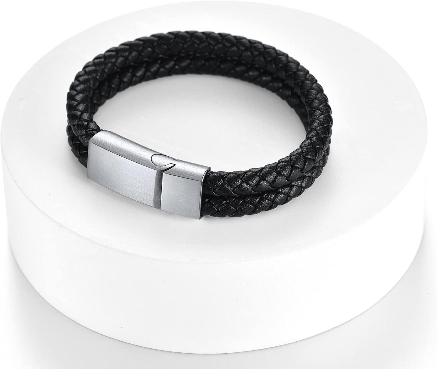 imageChainsHouse Mens Wrap Braided Leather Black Bead Bracelets Bangles Vintage Star of DavidWing SkullTemplar Cross Genuine Leather Bracelet Customize Available Size 758390 Inch Send Gift BoxA Double BraidedSteel Clasp