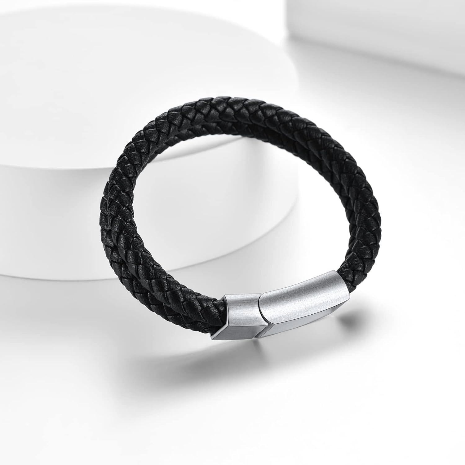 imageChainsHouse Mens Wrap Braided Leather Black Bead Bracelets Bangles Vintage Star of DavidWing SkullTemplar Cross Genuine Leather Bracelet Customize Available Size 758390 Inch Send Gift BoxA Double BraidedSteel Clasp