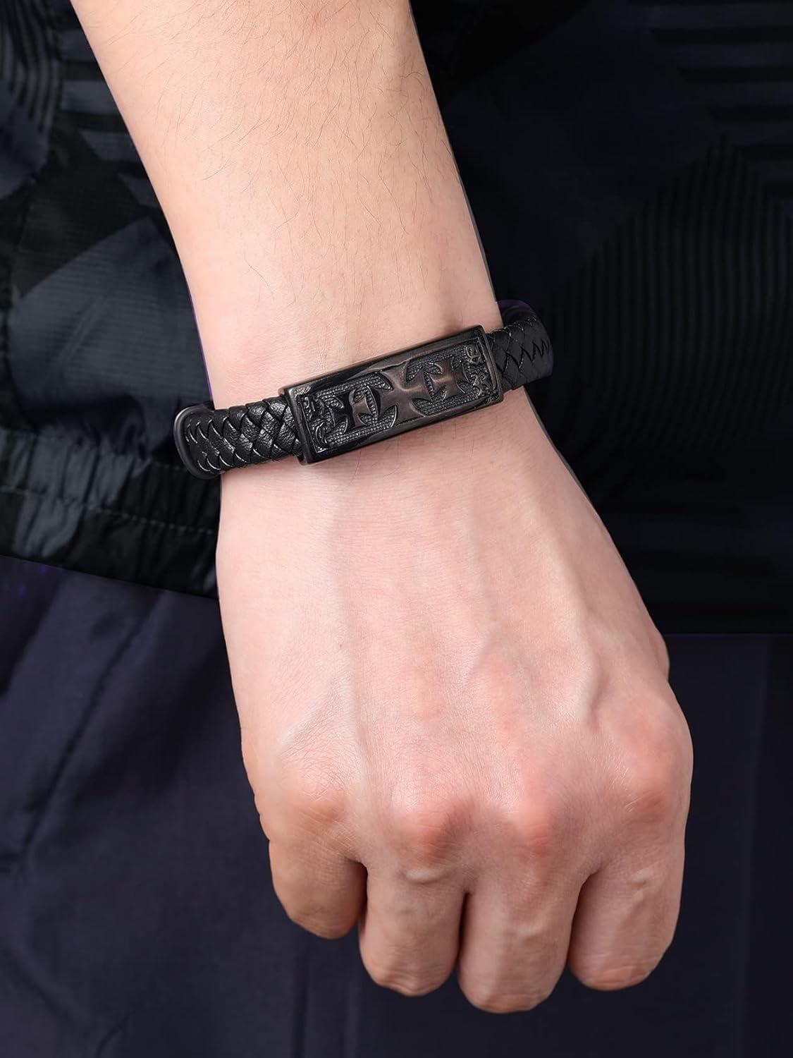 imageChainsHouse Mens Wrap Braided Leather Black Bead Bracelets Bangles Vintage Star of DavidWing SkullTemplar Cross Genuine Leather Bracelet Customize Available Size 758390 Inch Send Gift BoxB Templar CrossBlackCustom