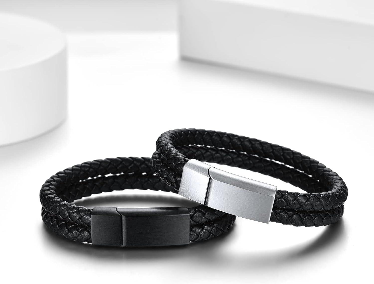 imageChainsHouse Mens Wrap Braided Leather Black Bead Bracelets Bangles Vintage Star of DavidWing SkullTemplar Cross Genuine Leather Bracelet Customize Available Size 758390 Inch Send Gift BoxA Double BraidedBlack Clasp