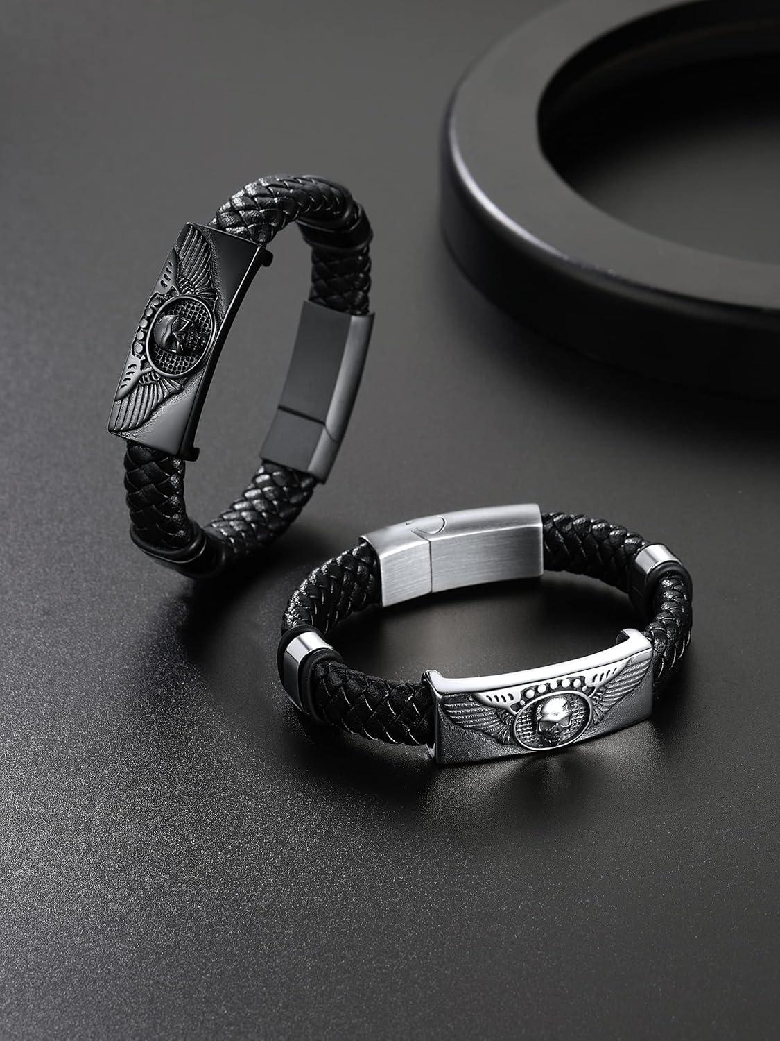 imageChainsHouse Mens Wrap Braided Leather Black Bead Bracelets Bangles Vintage Star of DavidWing SkullTemplar Cross Genuine Leather Bracelet Customize Available Size 758390 Inch Send Gift BoxA Wing SkullBlack