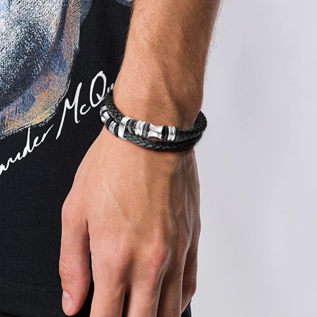 imageChainsHouse Mens Wrap Braided Leather Black Bead Bracelets Bangles Vintage Star of DavidWing SkullTemplar Cross Genuine Leather Bracelet Customize Available Size 758390 Inch Send Gift BoxB BeadSteel ClaspCustom