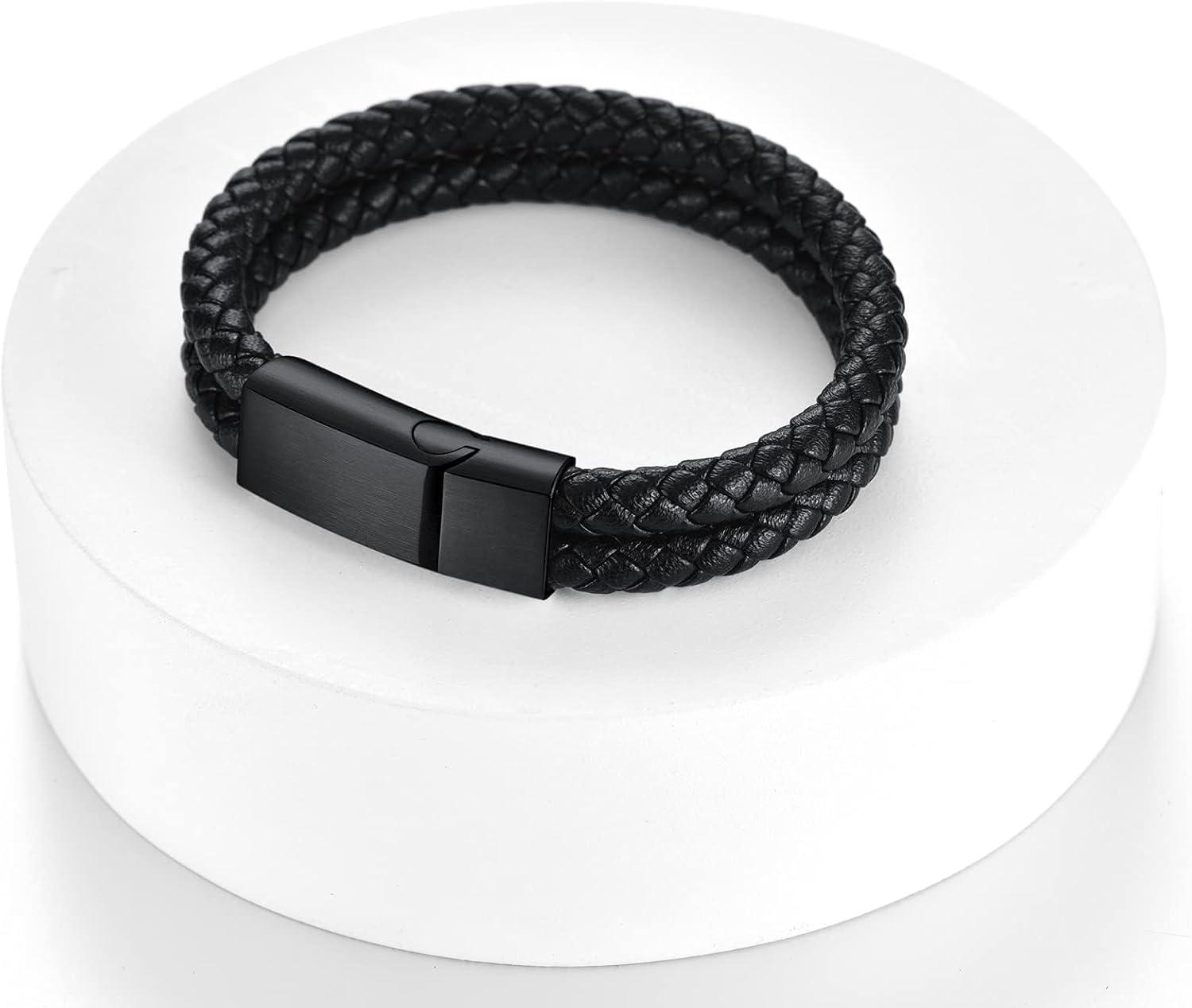 imageChainsHouse Mens Wrap Braided Leather Black Bead Bracelets Bangles Vintage Star of DavidWing SkullTemplar Cross Genuine Leather Bracelet Customize Available Size 758390 Inch Send Gift BoxA Double BraidedBlack Clasp